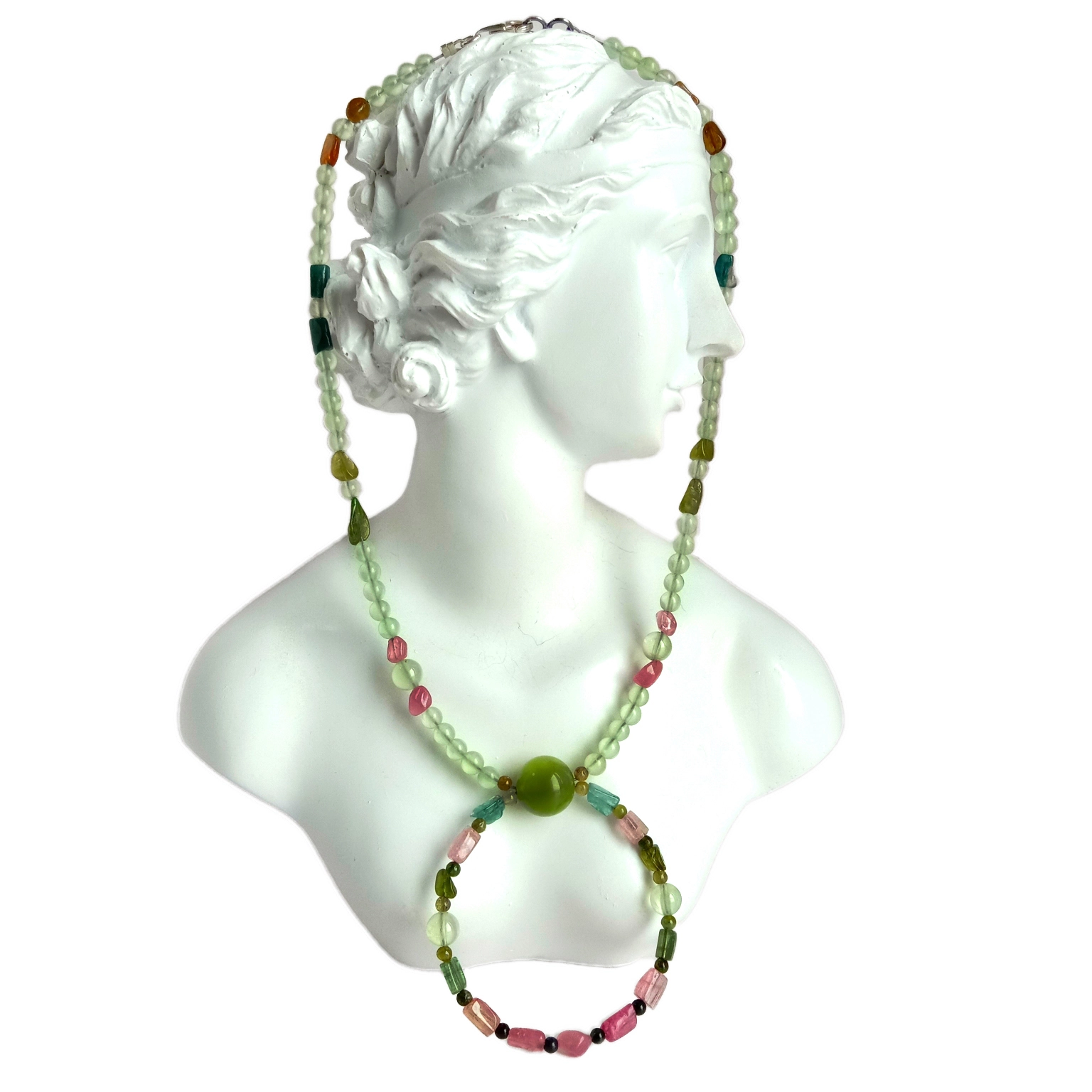 Natural nga Mabulukon nga Tourmaline ug Prehnite 925 Sterling Silver nga kwintas 1