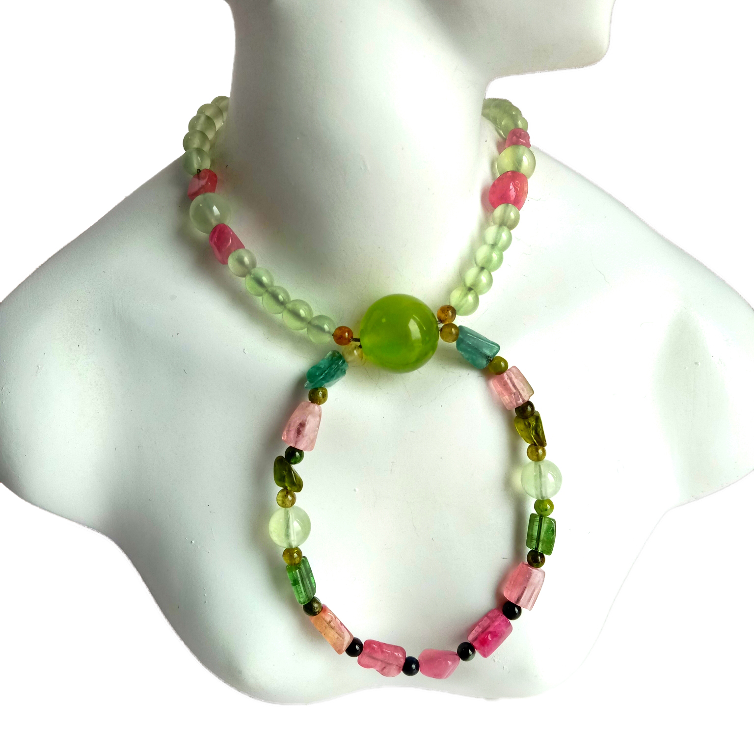 இயற்கை வண்ணமயமான Tourmaline மற்றும் Prehnite 925 ஸ்டெர்லிங் வெள்ளி நெக்லஸ் 14