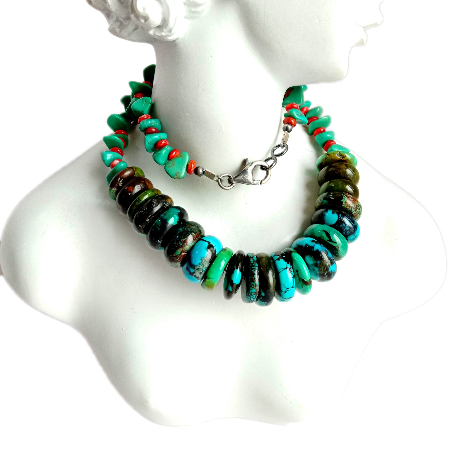 Təbii firuzə və tikanlı istiridyə 925 əyar gümüş qiymətli daş boncuklar boyunbağı qiymətli daş zərgərlik əsl firuzəyi 15