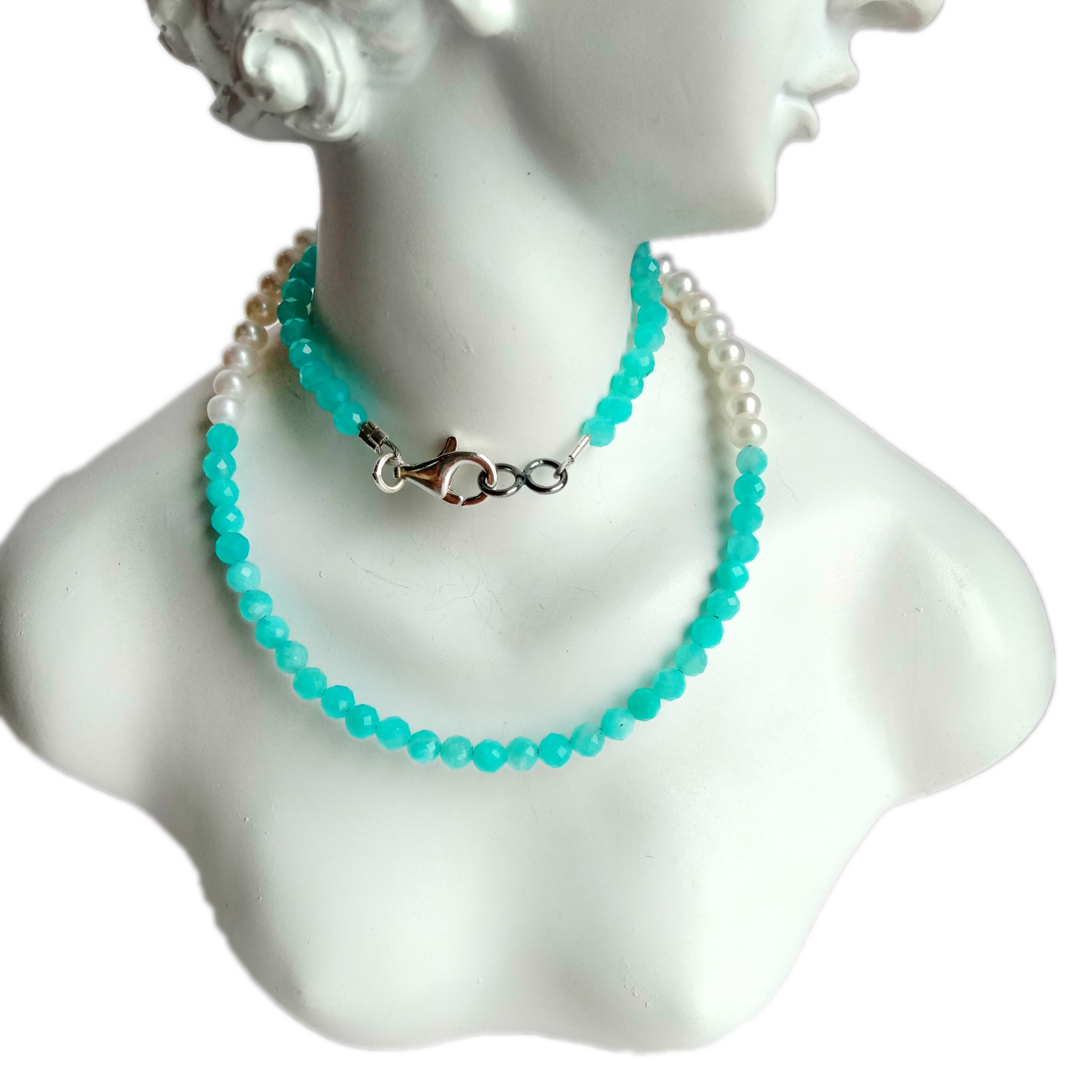 Natūralūs amazonito ir perlų 925 sterlingų sidabro „dainty Pearl Choker“ karoliai 14