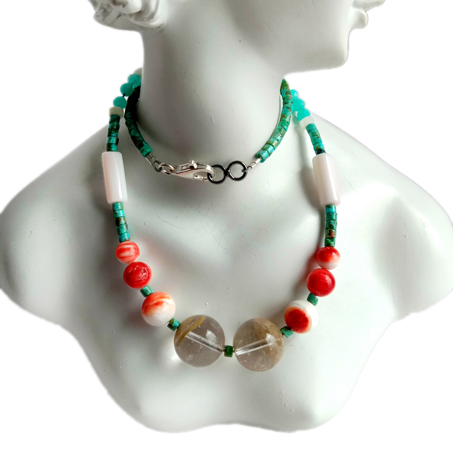 Ntuj Turquoise liab hiav txwv plhaub spiny oyster Amazonite Golden Rutilated Quartz 925 Sterling Silver Gemstone Necklace 14