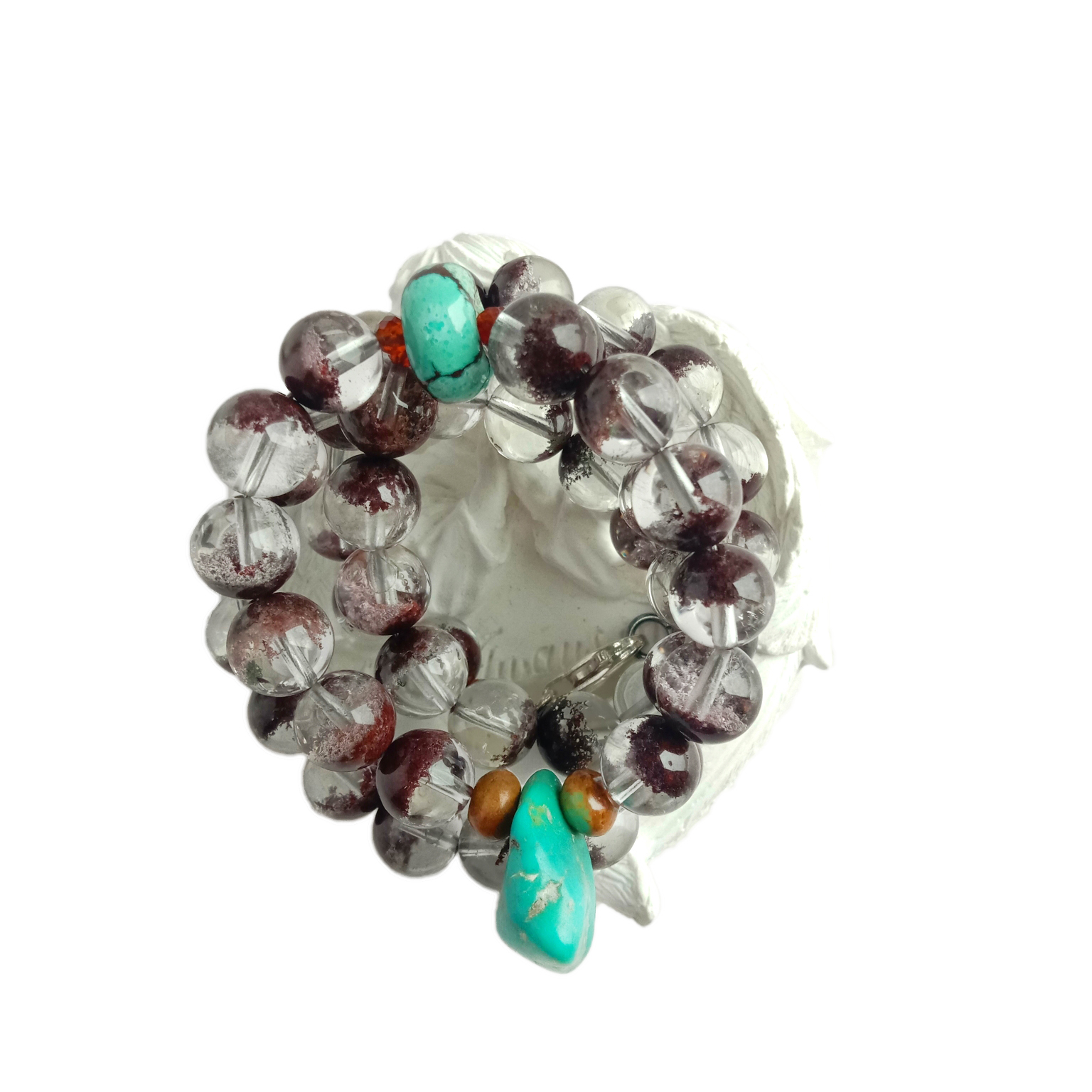 Каралі з натуральнага прывіднага фантомнага кварца, бірузовага апельсіна, мандарына і граната з стерлингового срэбра 925 пробы, калье з каштоўных камянёў ручной працы 14