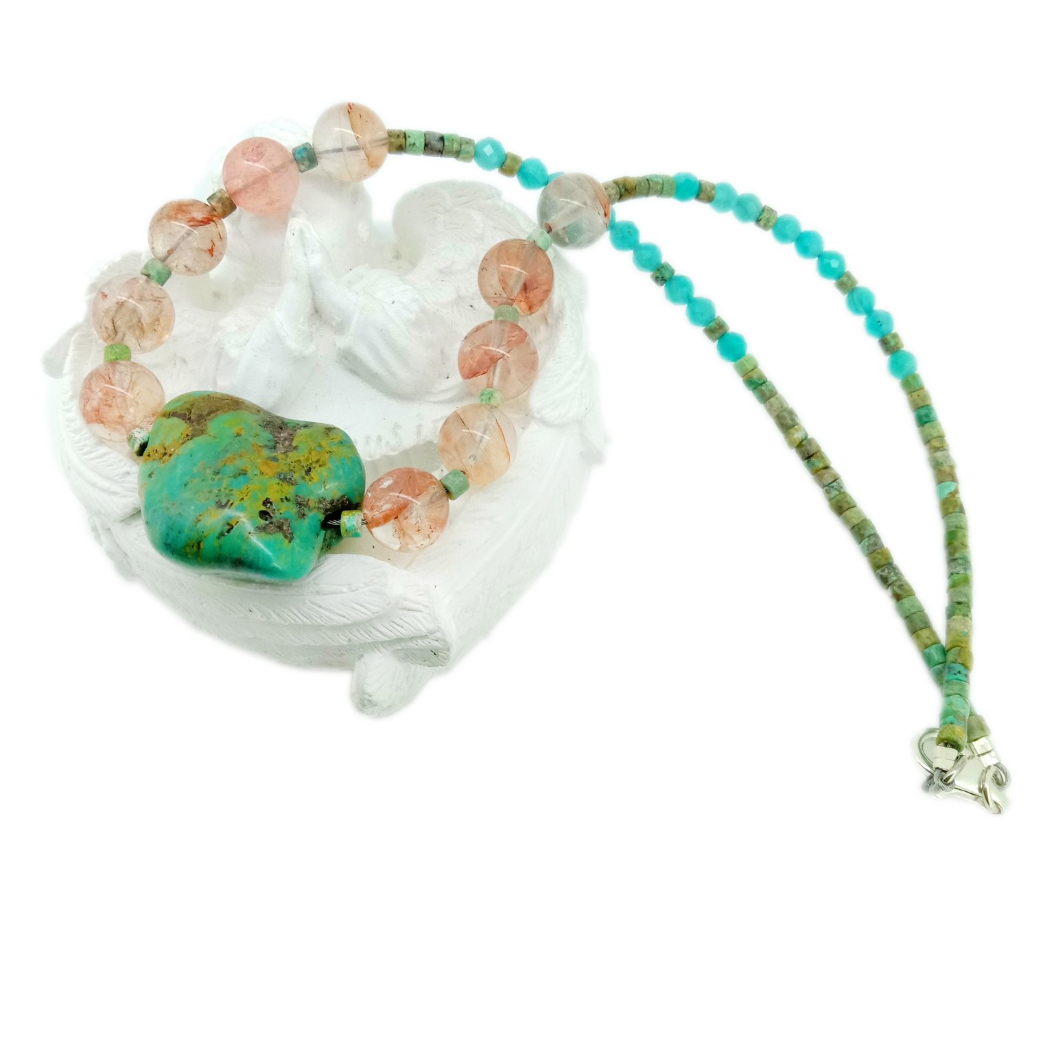 ナチュラル ターコイズ レッド クオーツァイト アマゾナイト 925 スターリング シルバー ハンドメイド ジェムストーン ビーズ ネックレス 14