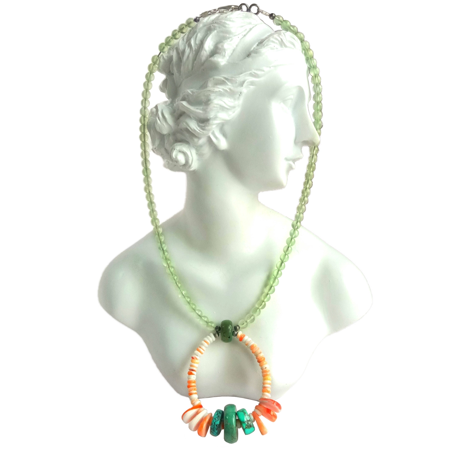 អយស្ទ័រធម្មជាតិ Turquoise spiny oyster Prehnite 925 Sterling Silver ធ្វើដោយដៃ គ្រឿងអលង្ការ ខ្សែកត្បូងពេជ្រ 1
