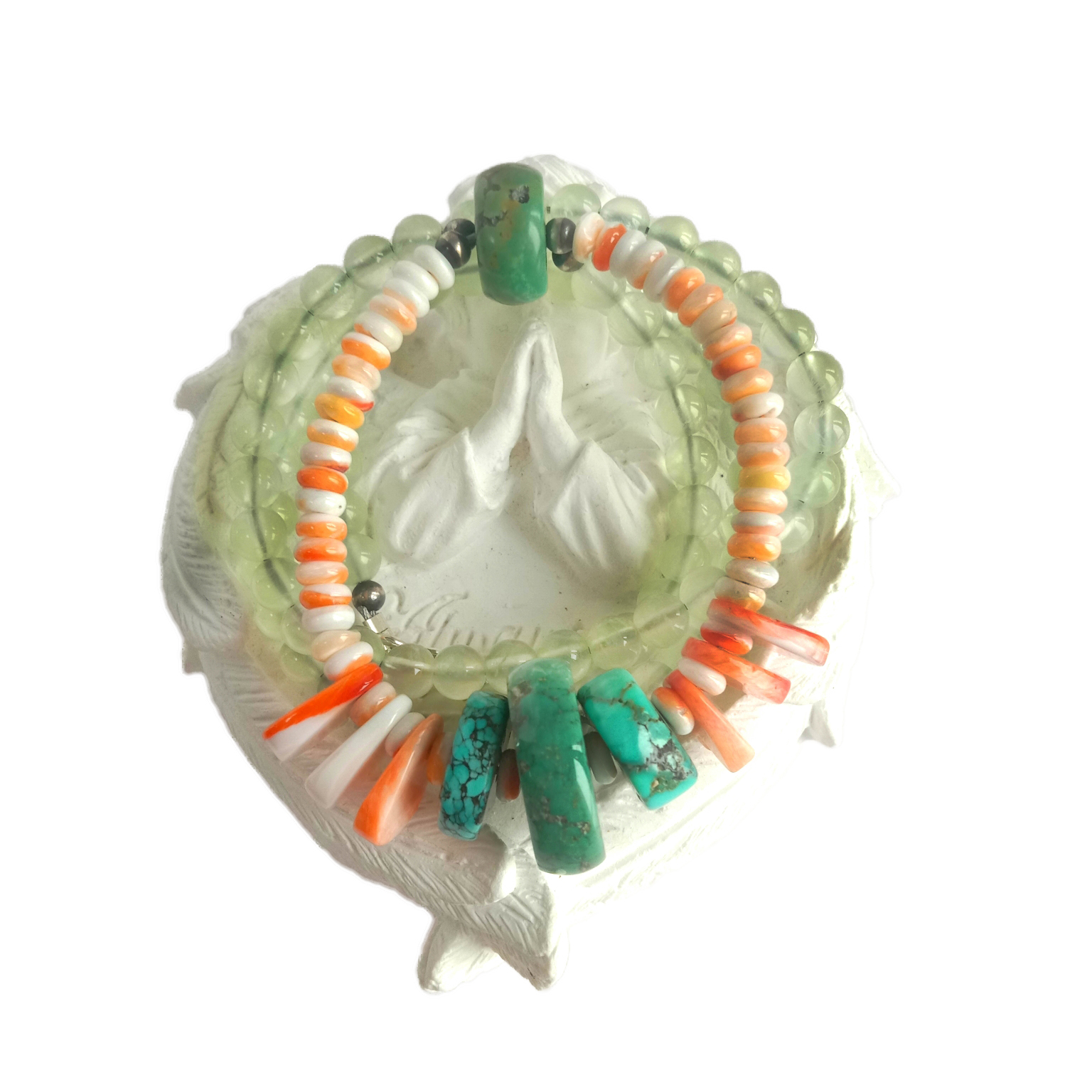 ਕੁਦਰਤੀ ਫਿਰੋਜ਼ੀ ਸਪਾਈਨੀ ਸੀਪ ਪ੍ਰੀਹਨਾਈਟ 925 ਸਟਰਲਿੰਗ ਸਿਲਵਰ ਹੱਥ ਨਾਲ ਬਣੇ ਰਤਨ ਦੇ ਗਲੇ ਦੇ ਗਹਿਣੇ 14