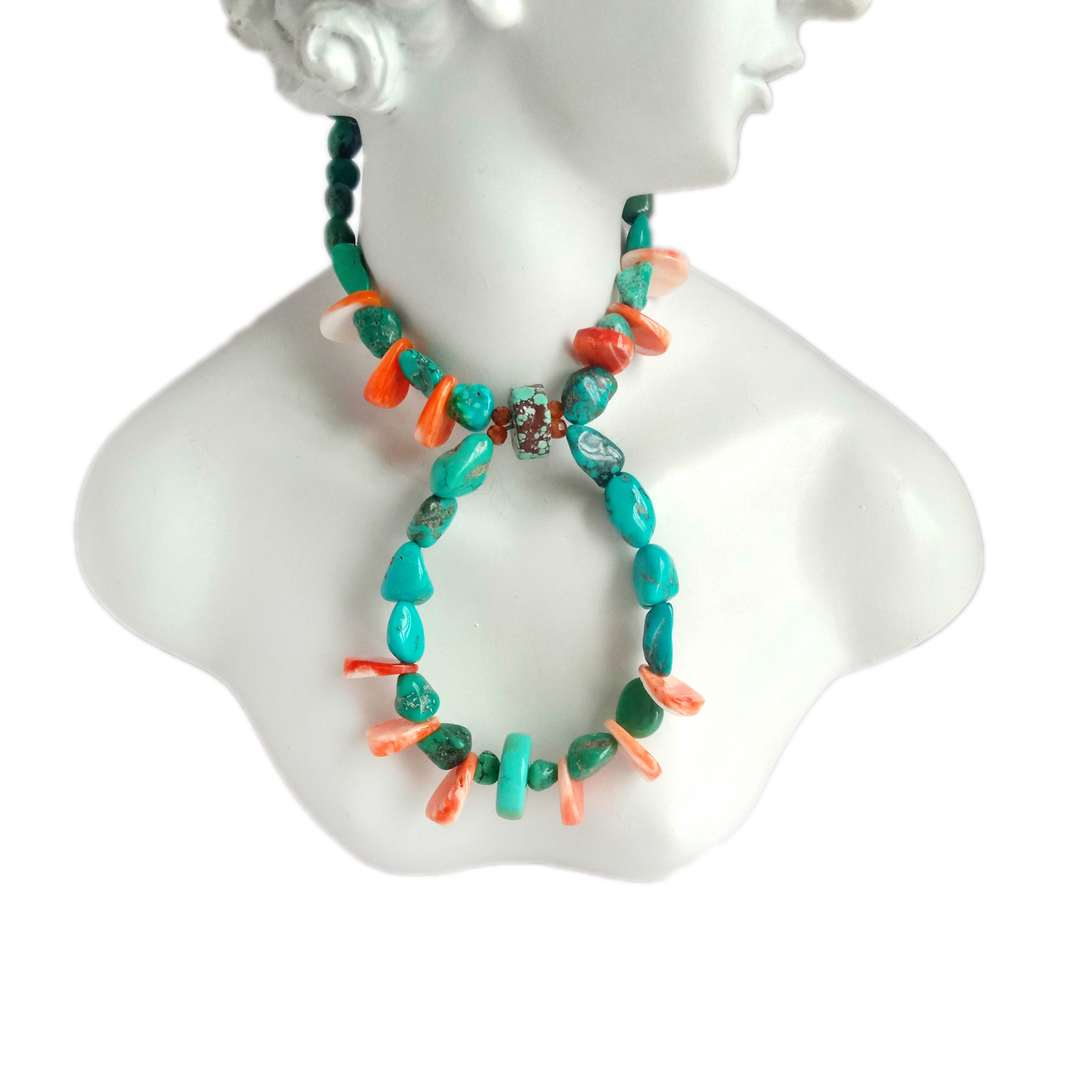 천연 블루 터키석과 오렌지 가시 굴 925 스털링 실버 수제 보석 목걸이 쥬얼리 15