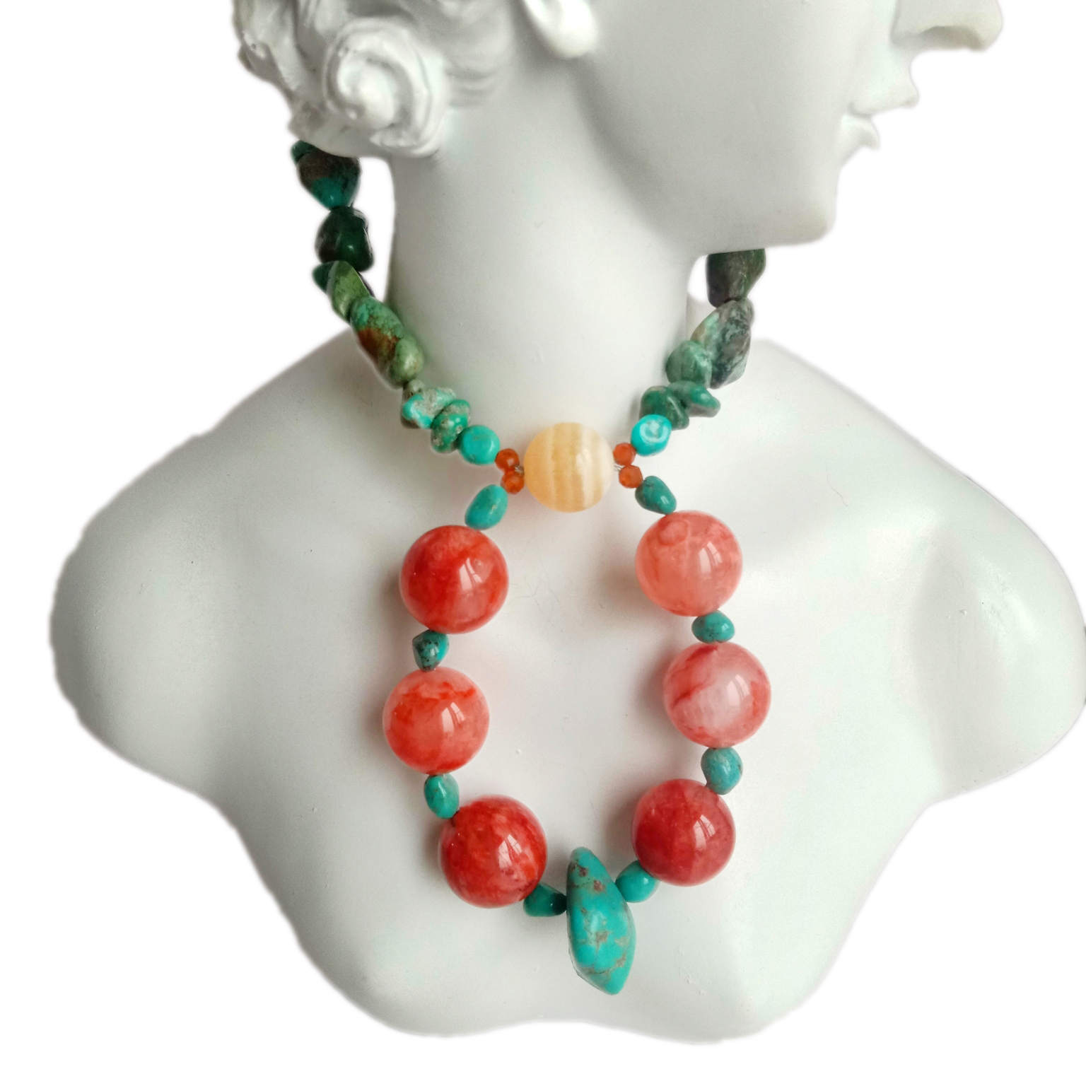 သဘာဝ Turquoise နှင့် Calcite Sun stone 925 Sterling Silver လက်လုပ် ကျောက်မျက်ရတနာ လည်ဆွဲ 15