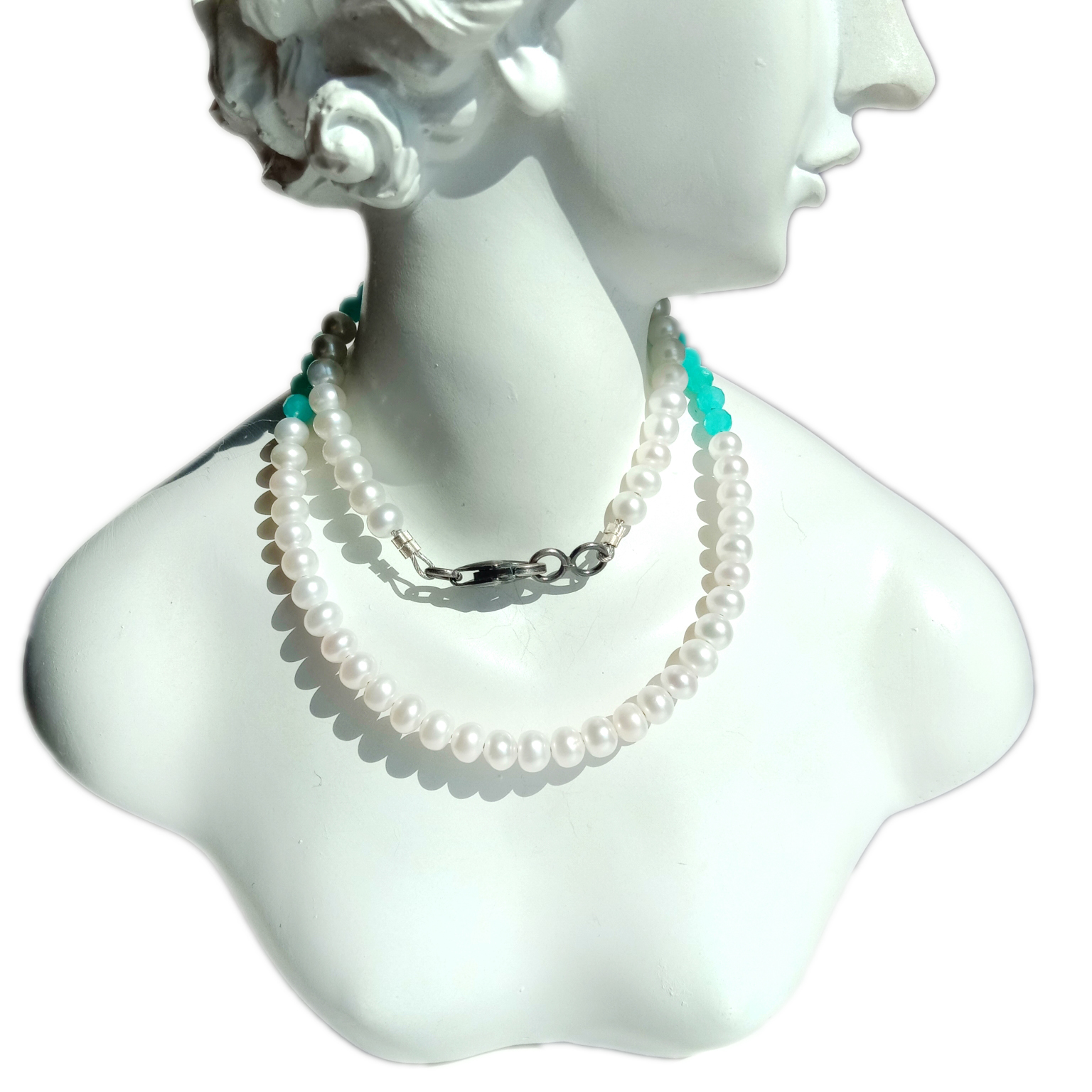 طبیعي نیلي ایمیزونایټ او سپین موتی 925 سټرلینګ سپینو زرو لاسي د قیمتي ډبرو هار 14