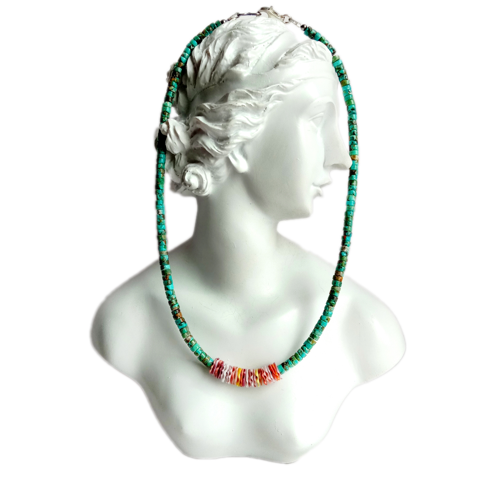 သဘာဝ Turquoise နှင့် ကြေးဝါ 925 Sterling Silver လက်လုပ် ကျောက်မျက်ရတနာ လည်ဆွဲ 15