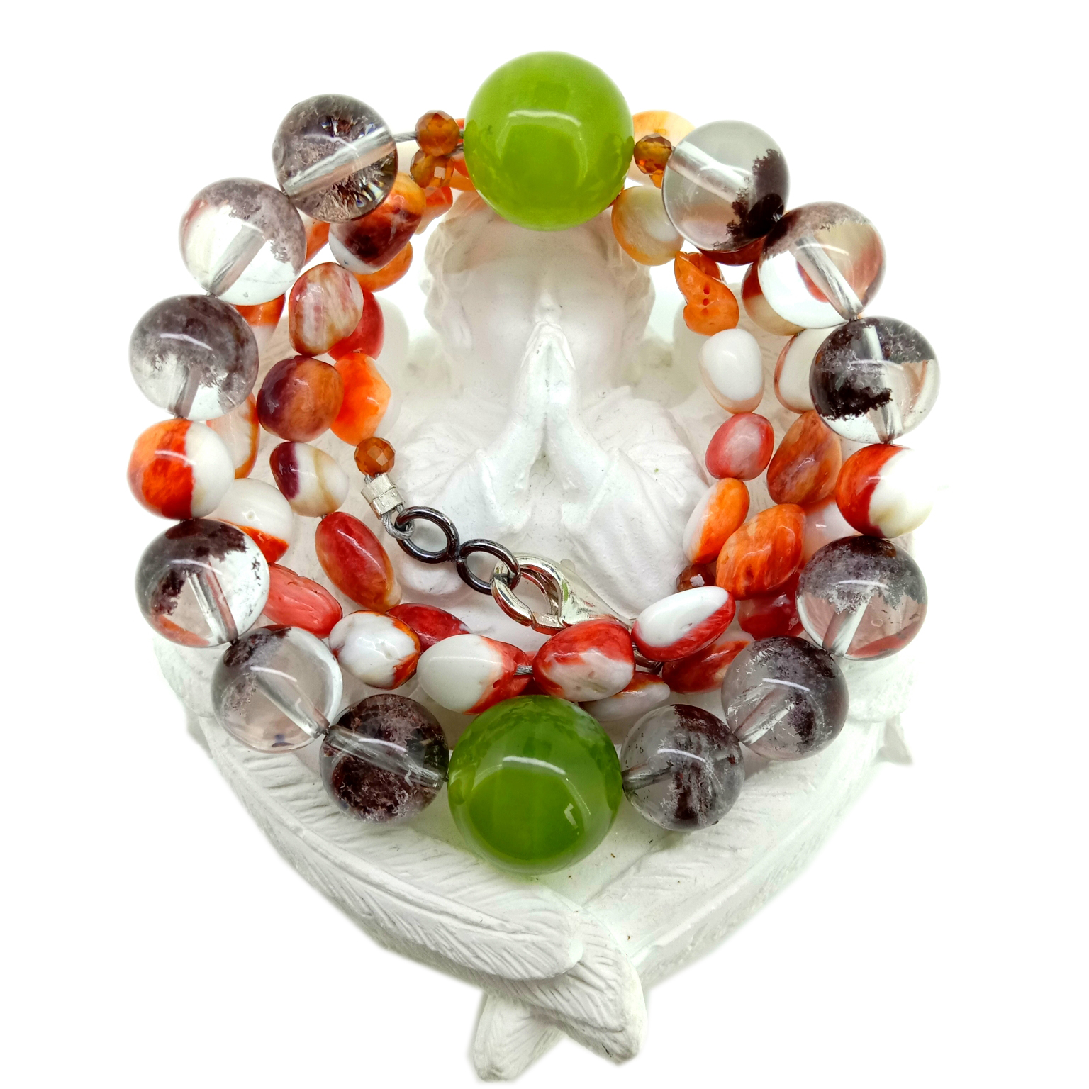 طبیعي سپني سیپ د ګوسټ فینټم کوارټز پریهنایټ 925 سټرلینګ سپینو زرو لاسي د قیمتي ډبرو هار 14