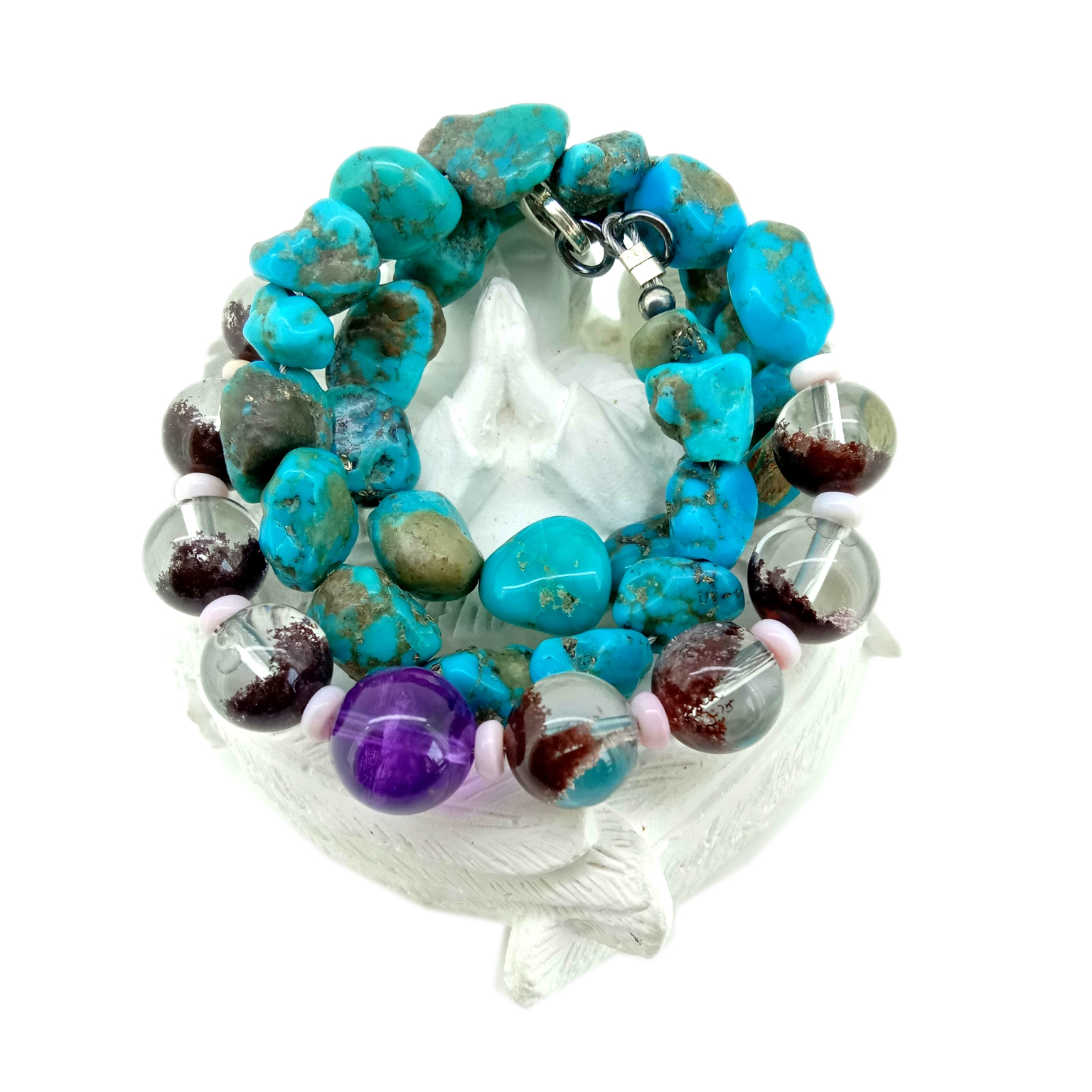 Natural Turquoise Ghost phantom ควอตซ์ Amethyst 925 เงินสเตอร์ลิงอัญมณีสร้อยคอลูกปัดเครื่องประดับ 14