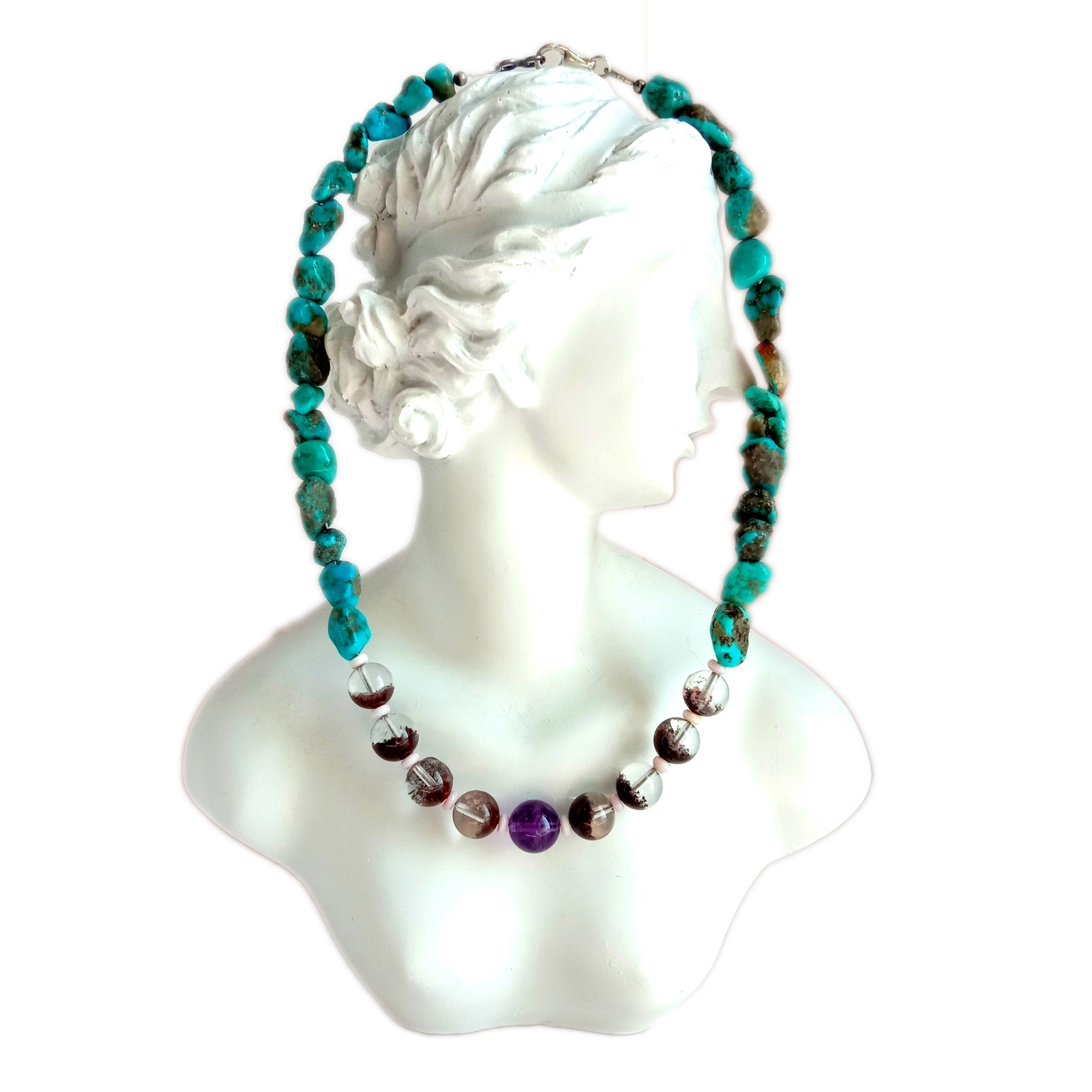 ត្បូងធម្មជាតិ Turquoise Ghost phantom quartz Amethyst 925 Sterling Silver gemstone beads necklace គ្រឿងអលង្ការ 1