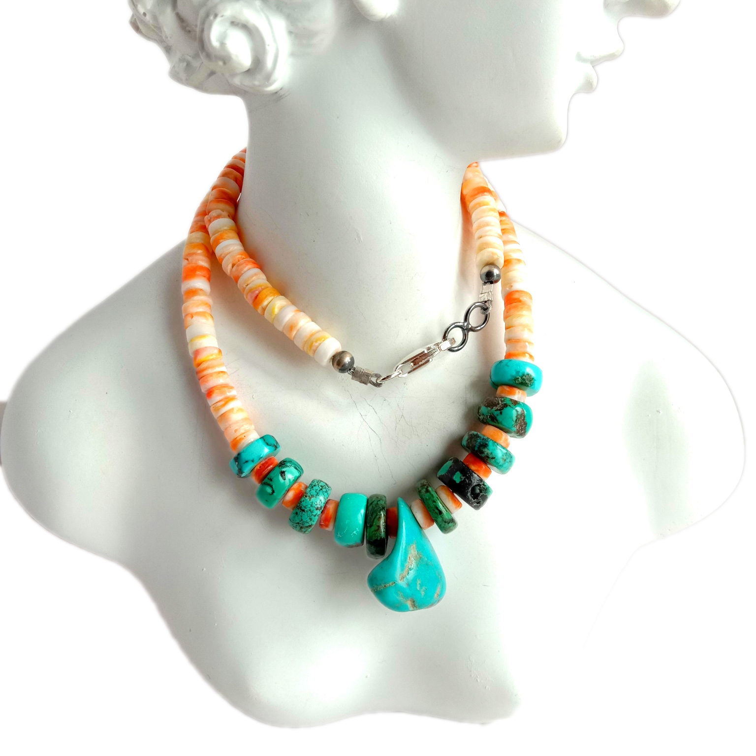 Təbii firuzəyi və tikanlı istiridyə 925 əyar gümüş qolbaqlı əl işi boyunbağı 15