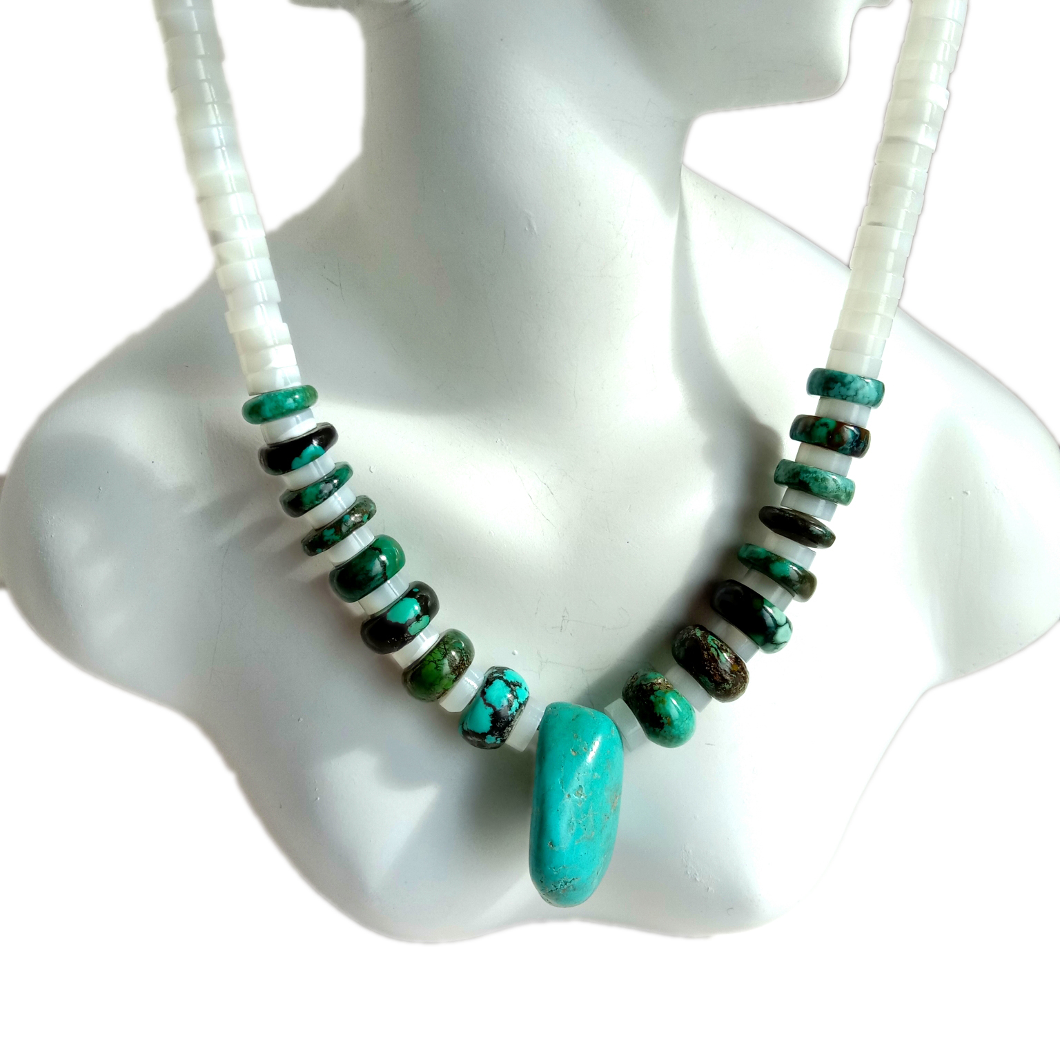 ສາຍຄໍຜູ້ອອກແບບເງິນສະເຕີລິງ ສີຟ້າ Turquoise ແລະສີຂາວ MOP 925 15