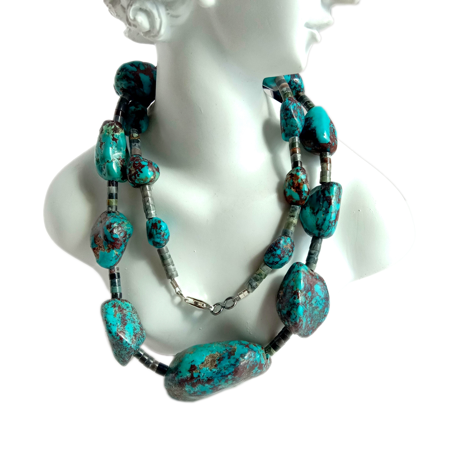 Təbii firuzə və jade 925 əyar gümüş boyunbağı HANDMADE FURUZA 15