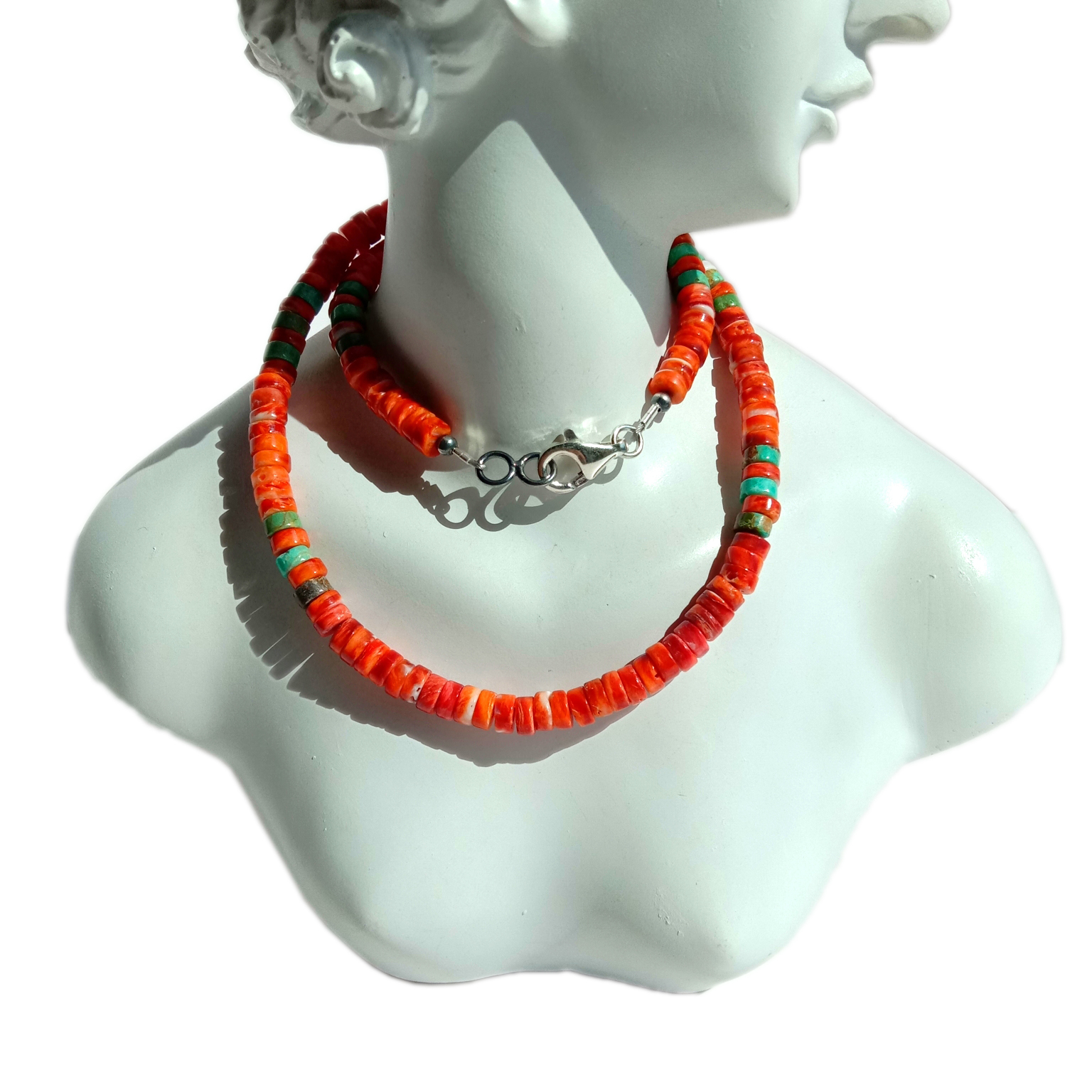 Kingman Təbii Turkuaz və tikanlı istiridyə 925 Ayar Gümüş Boyunbağı Shell Rondells Muncuq 15