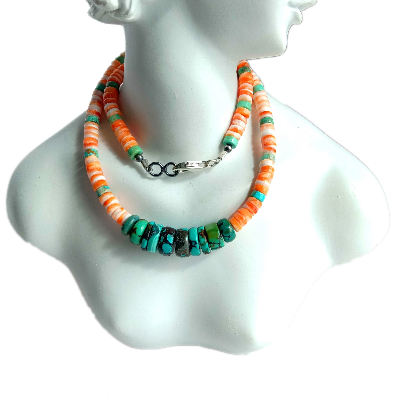 Turquoise និង Spiny Oyster 925 ខ្សែកប្រាក់ Sterling ជាមួយខ្សែក Seashell Heishi ជនជាតិដើមភាគនិរតី 1