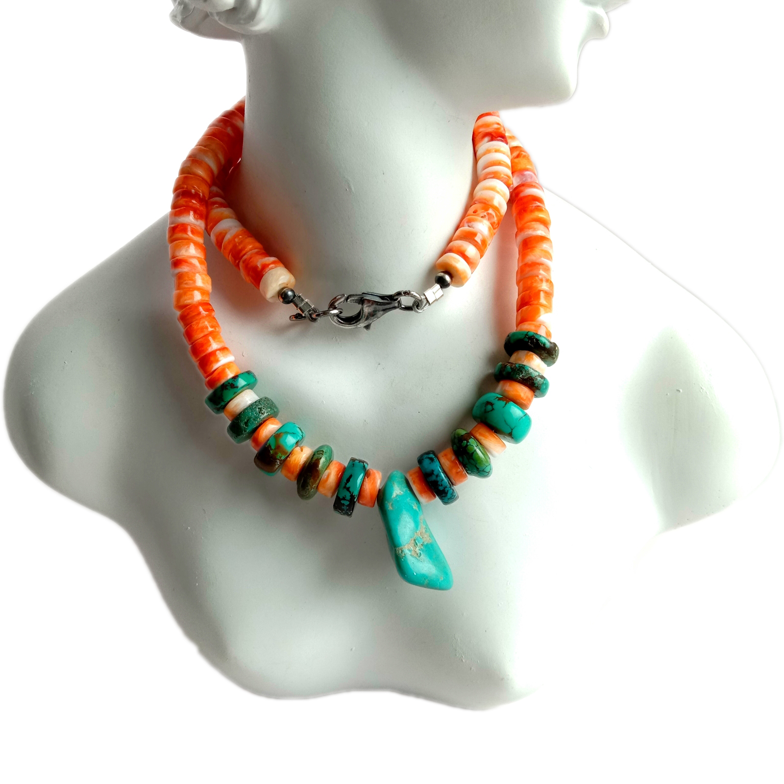 Ogrlica od prirodnog tirkiza i bodljikave kamenice od 925 sterling srebra Rondelles Fiesta boje miješane 15