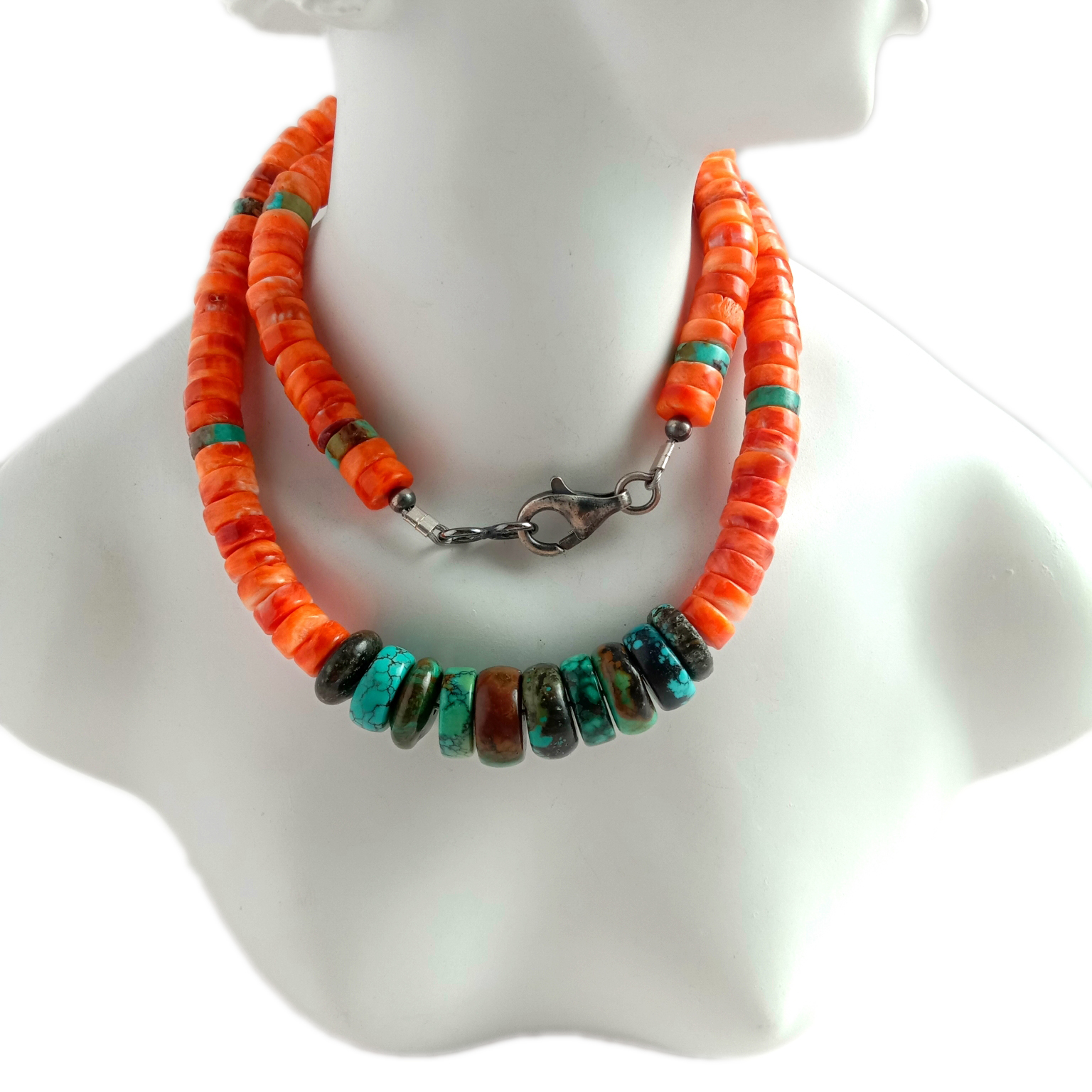 Natural blue Turquoise and spiny oyster 925 Sterling Silver gemstone beads Necklace 15