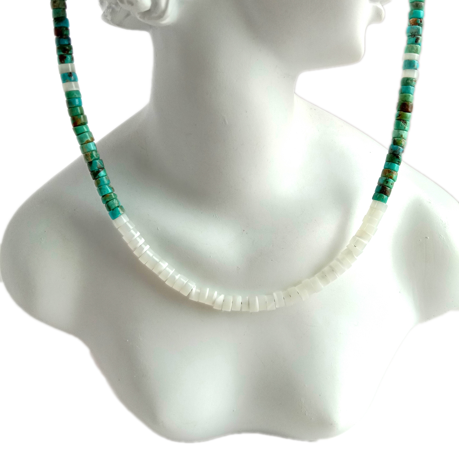 Təbii Firuzəyi və Ağ Mop 925 Ayar Gümüş qiymətli daş muncuq Boyunbağı 15