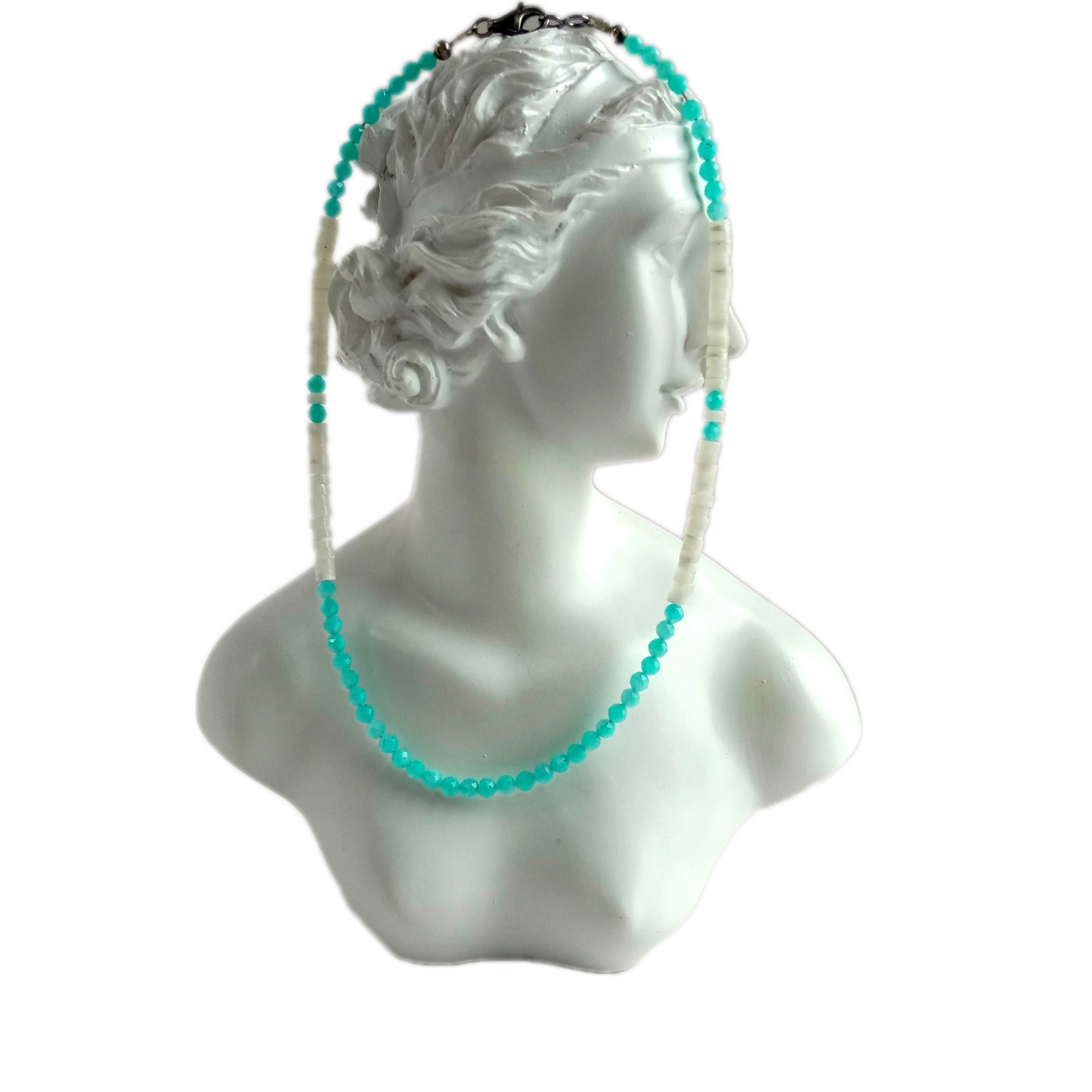 قدرتي نيرو Amazonite ۽ اڇو موپ 925 اسٽرلنگ سلور جيمسٽون موتي جو هار 1