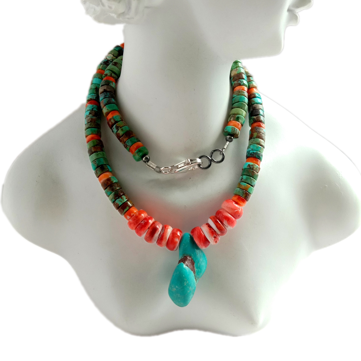 Təbii firuzəyi və tikanlı istiridyə 925 əyar gümüş qiymətli daş boncuklardan boyunbağı 15