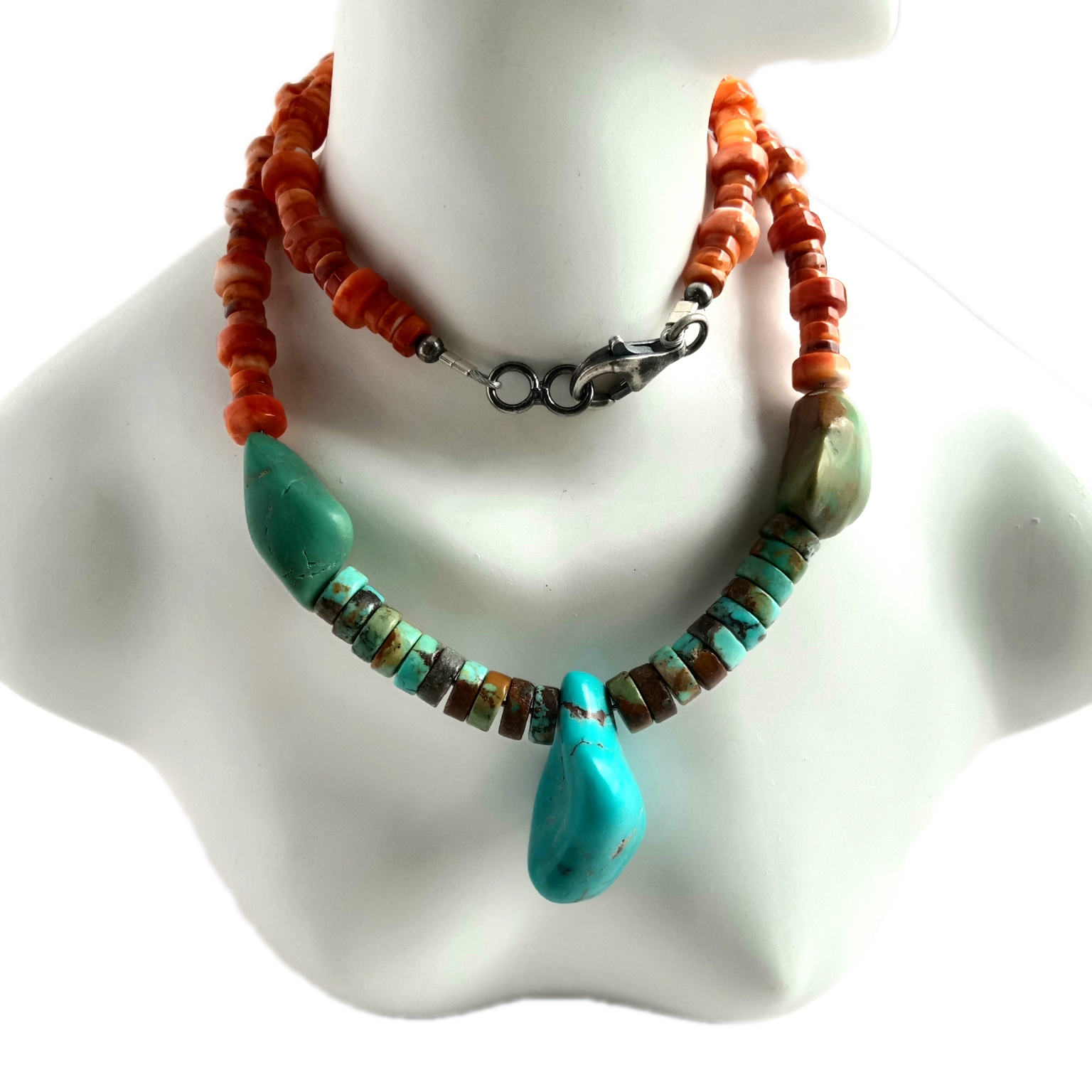 16 düymlük Təbii firuzəyi və Spiny Oyster 925 Sterling Gümüş boyunbağı 15