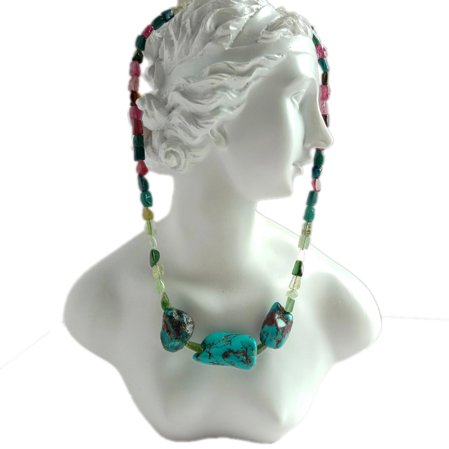 ខ្សែក​ត្បូង​ពេជ្រ​ធម្មជាតិ Tourmaline និង Turquoise 925 Sterling 1