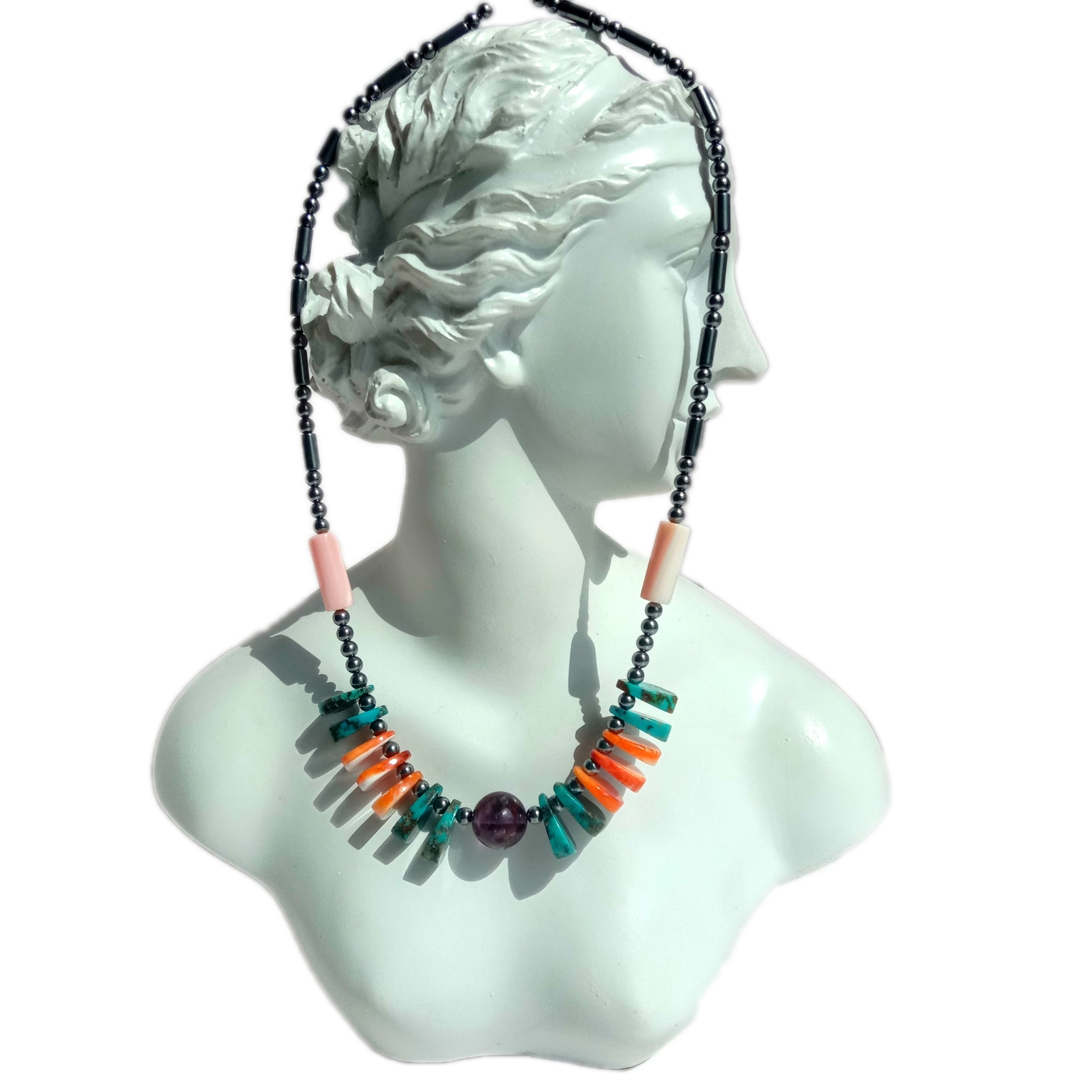 ធម្មជាតិ Turquoise Ametrine ពណ៌ផ្កាឈូកសមុទ្រសែល spiny oyster 925 ខ្សែកប្រាក់ Sterling 1
