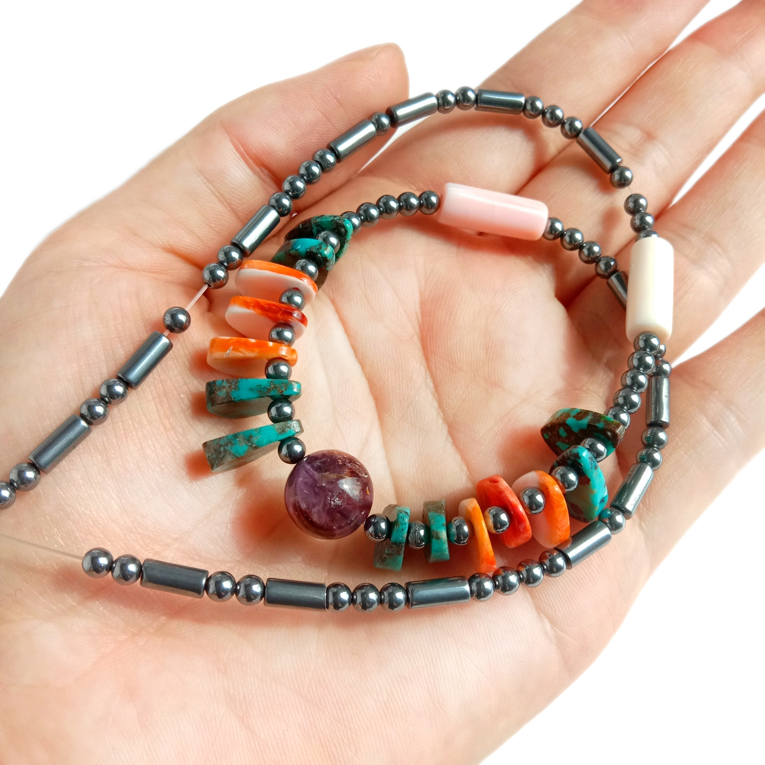 Natural Turquoise Ametrine pink sea shell spiny oyster 925 Sterling Silver Necklace 14