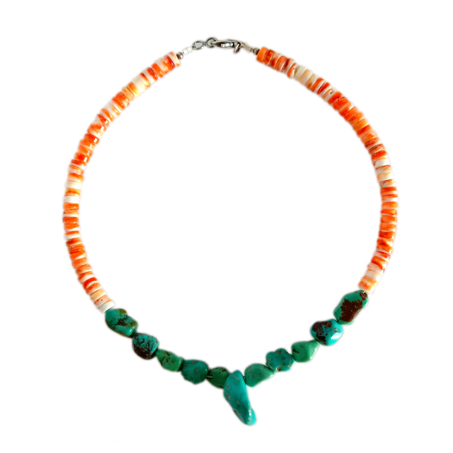 Natural nga asul nga Turquoise ug orange nga spiny Beads 925 Sterling Silver Necklace 15