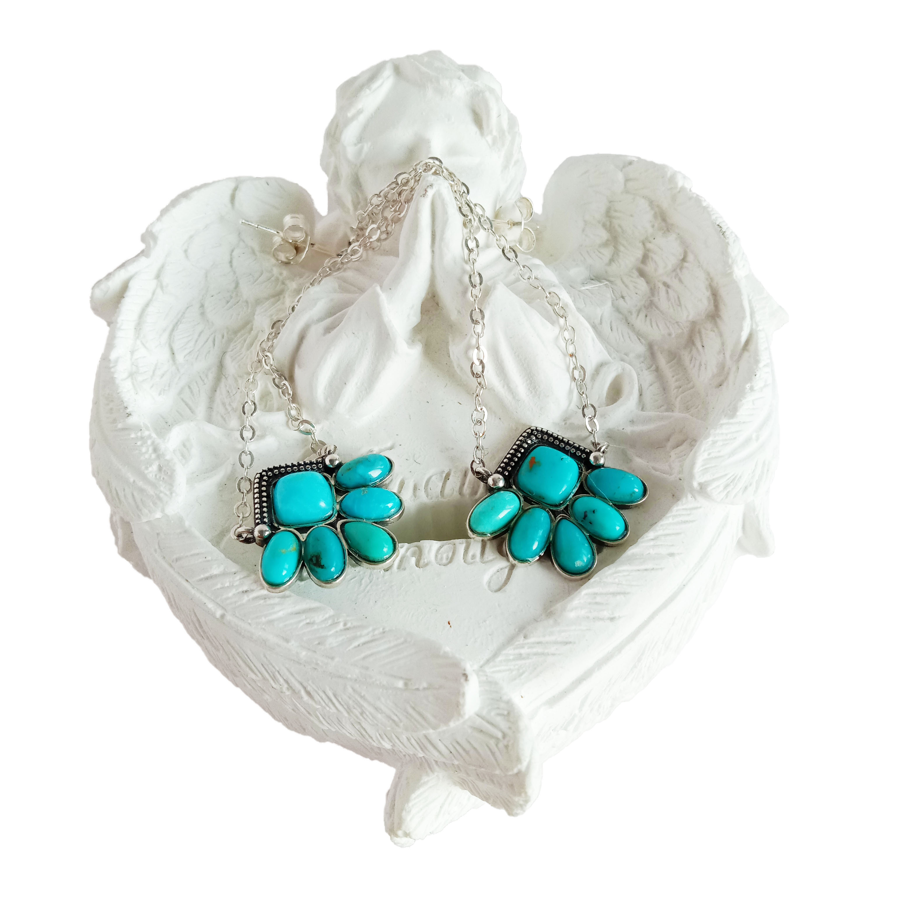 Clustdlysau Turquoise Tibetaidd Merched Dewiswch Emwaith Arian Sterling Turquoise 925 15