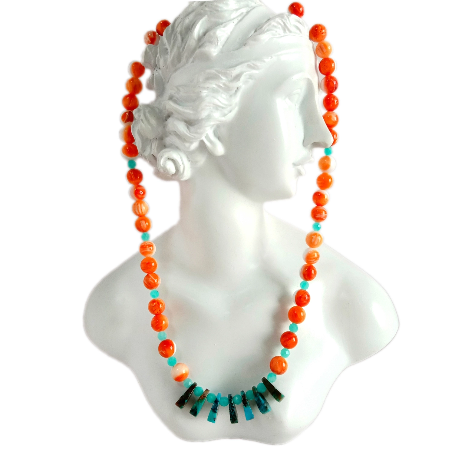 ពណ៌ខៀវធម្មជាតិ Turquoise Amazonite spiny oyster 925 Sterling Silver Necklace អំណោយដ៏ល្អឥតខ្ចោះសម្រាប់នាង 1