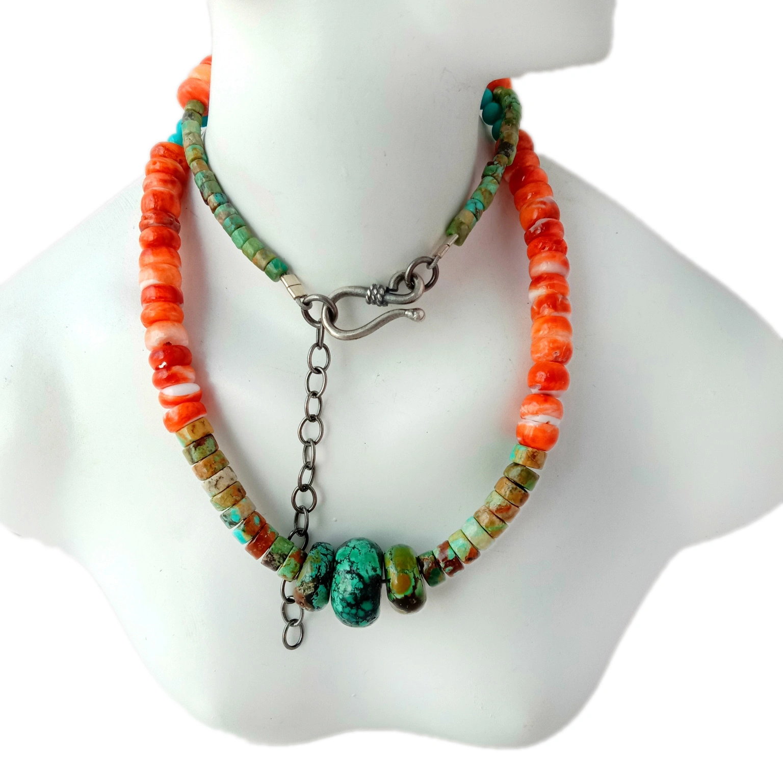 ខ្សែក Choker Necklace ធម្មជាតិ Turquoise និង Spiny ប្រាក់ 925 Sterling Boho Necklace 1