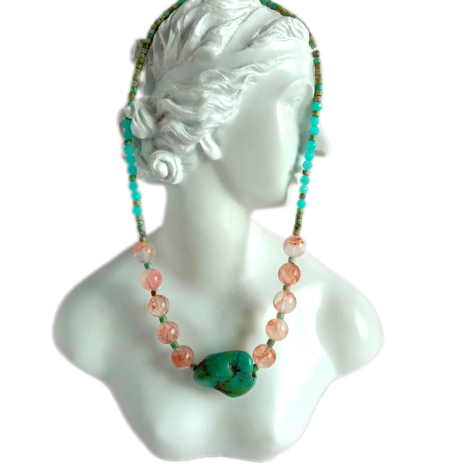 ត្បូងទទឹមពណ៌ខៀវធម្មជាតិ Amazonite sakura agate 925 Sterling Silver ខ្សែកធ្វើដោយដៃ 1