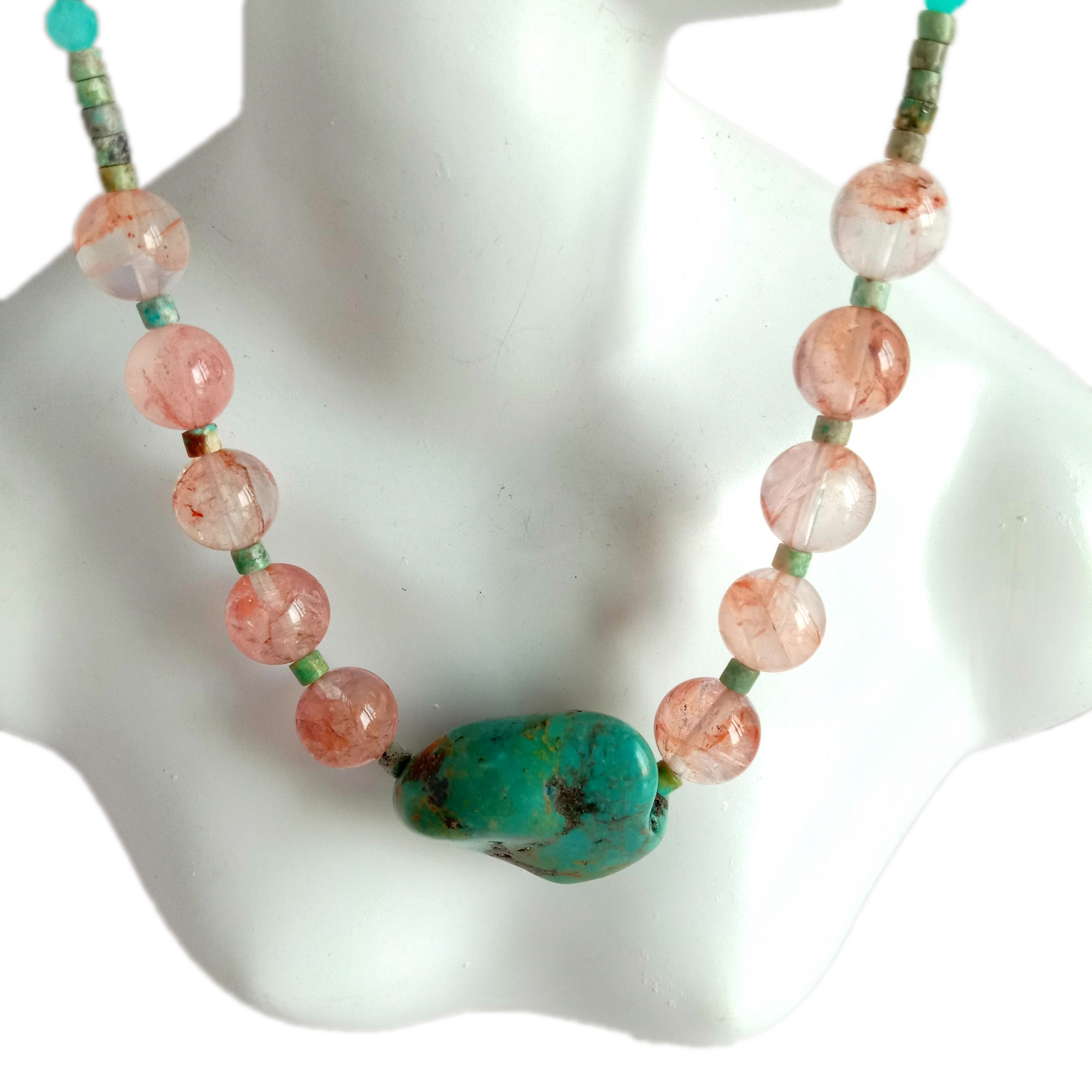 ສີຟ້າທໍາມະຊາດ Turquoise Amazonite sakura agate 925 Sterling Silver ສາຍຄໍເຮັດດ້ວຍມື 14