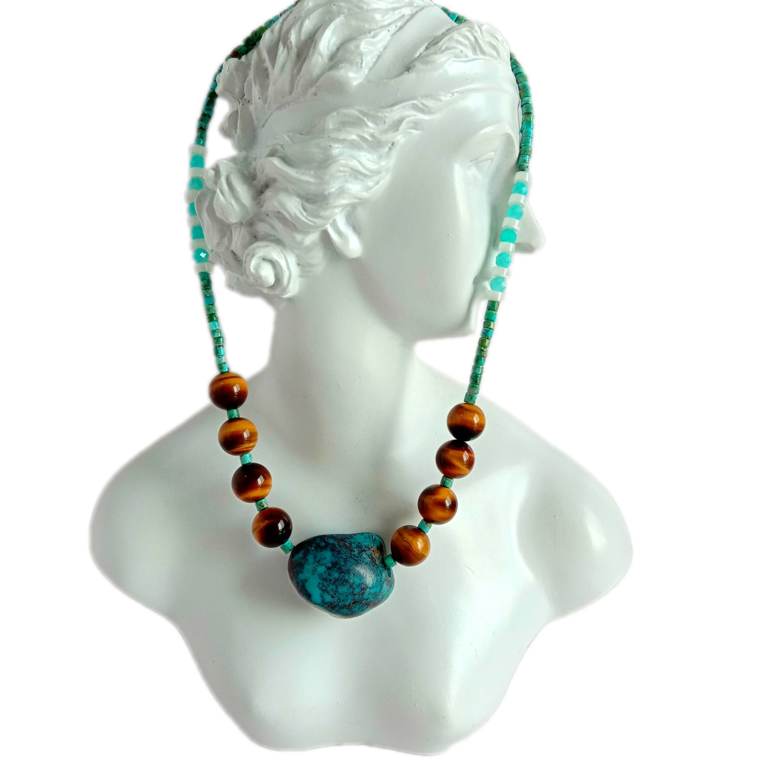 ទឹកអប់អាម៉ាហ្សូនធម្មជាតិ Turquoise ខ្សែក Tiger Eye 925 Sterling Silver 1