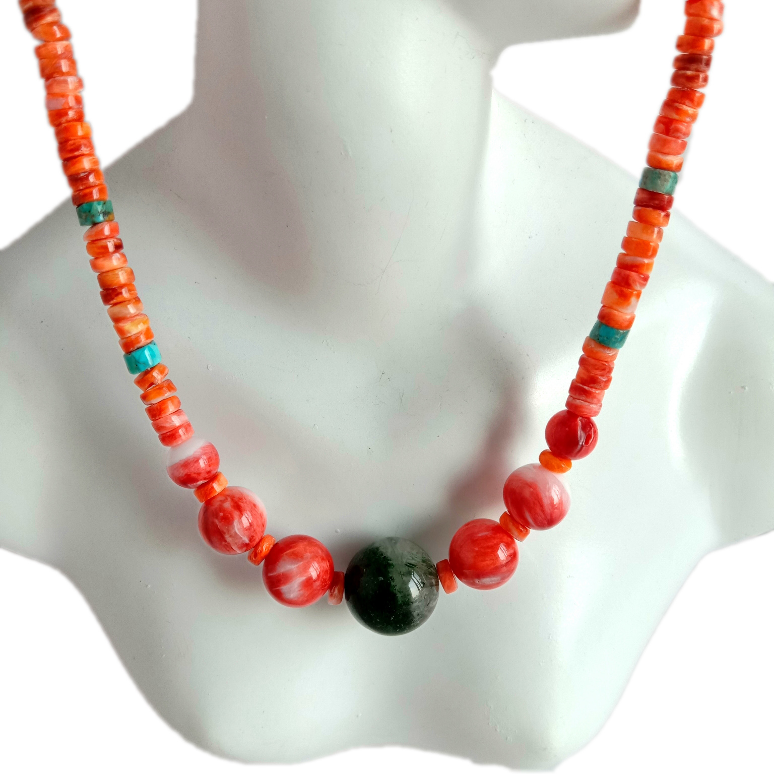 Natural Turquoise spiny oyster green Ghost phantom quartz 925 Sterling Silver Necklace 14