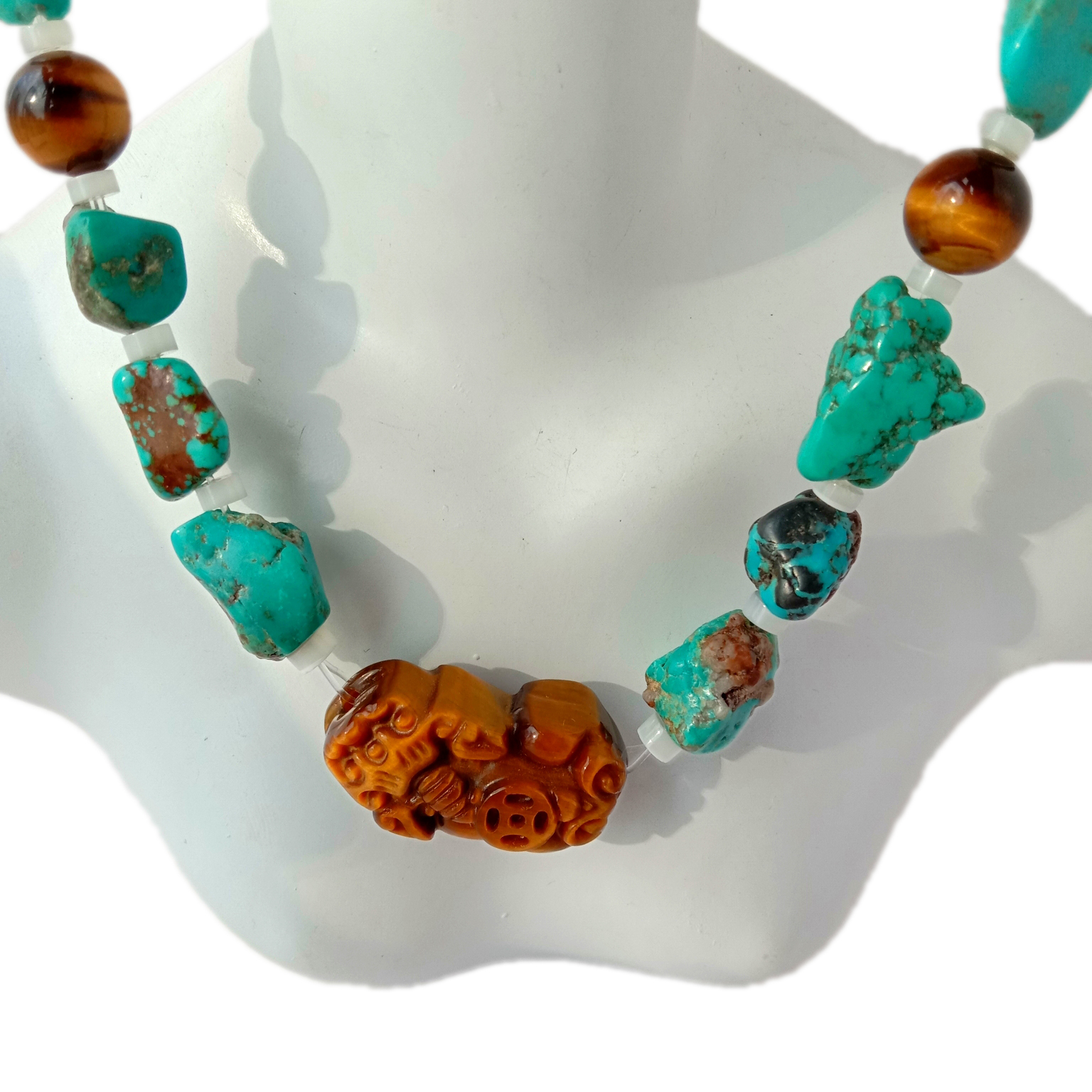 നാച്ചുറൽ ടർക്കോയ്സ് ആൻഡ് ടൈഗർ ഐ മോപ്പ് 925 സ്റ്റെർലിംഗ് സിൽവർ നെക്ലേസ് 14