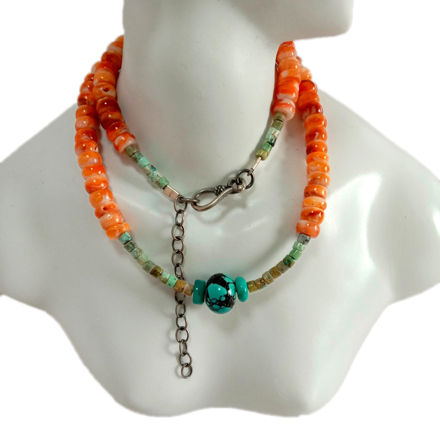 925 Sterling Silver ធម្មជាតិ Turquoise និង spiny 4 mm Arizona Beaded Necklace 16inch 1