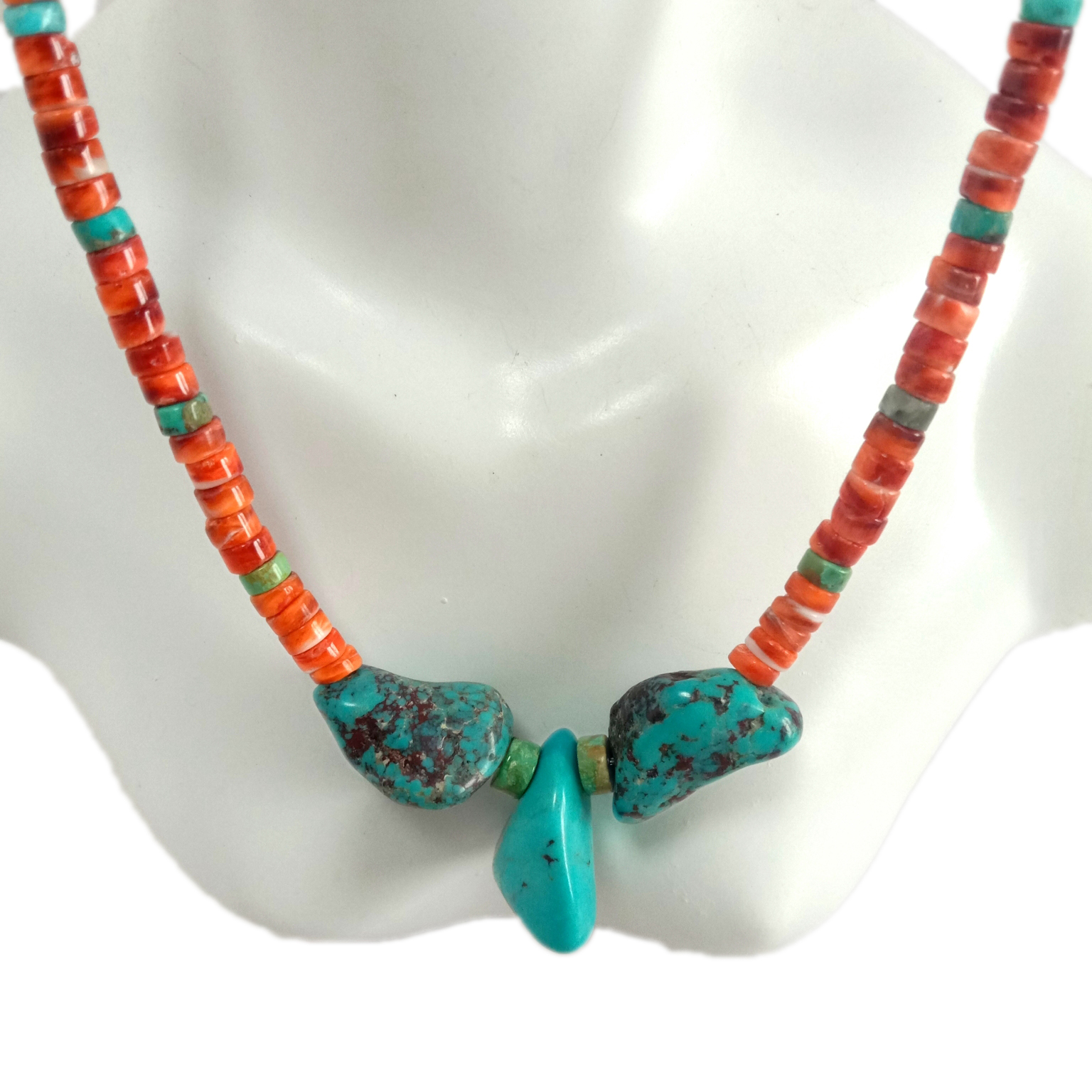 Təbii Firuzəyi tikanlı istiridyə Navajo Cənub-Qərb Doğma 925 Sterlinq Gümüş Boyunbağı 15