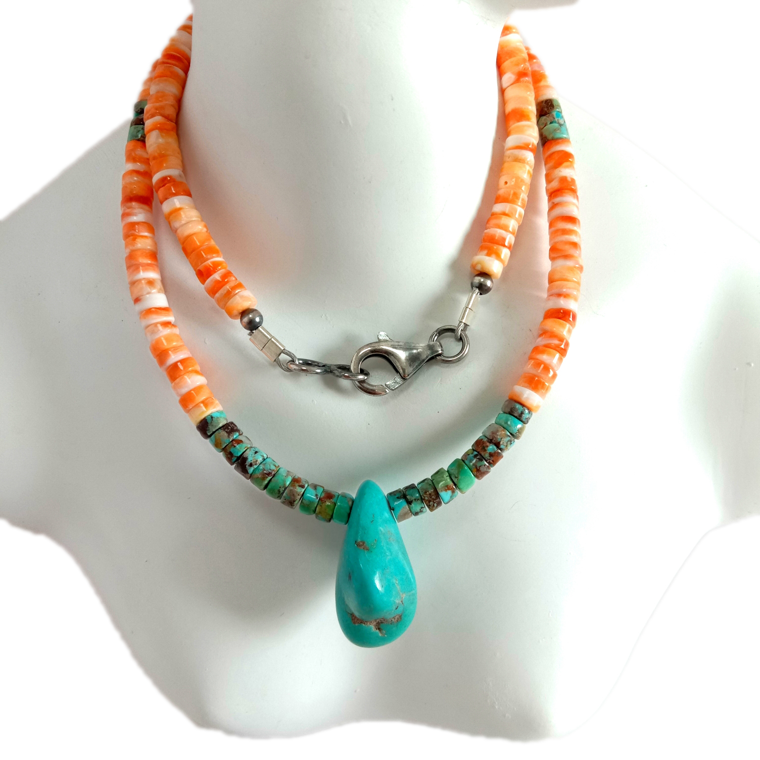 ເງິນສະເຕີລິງເງິນ 925 ສາຍຄໍ Turquoise ທີ່ເຮັດດ້ວຍມືແລະລູກປັດທໍາມະຊາດ Turquoise 15