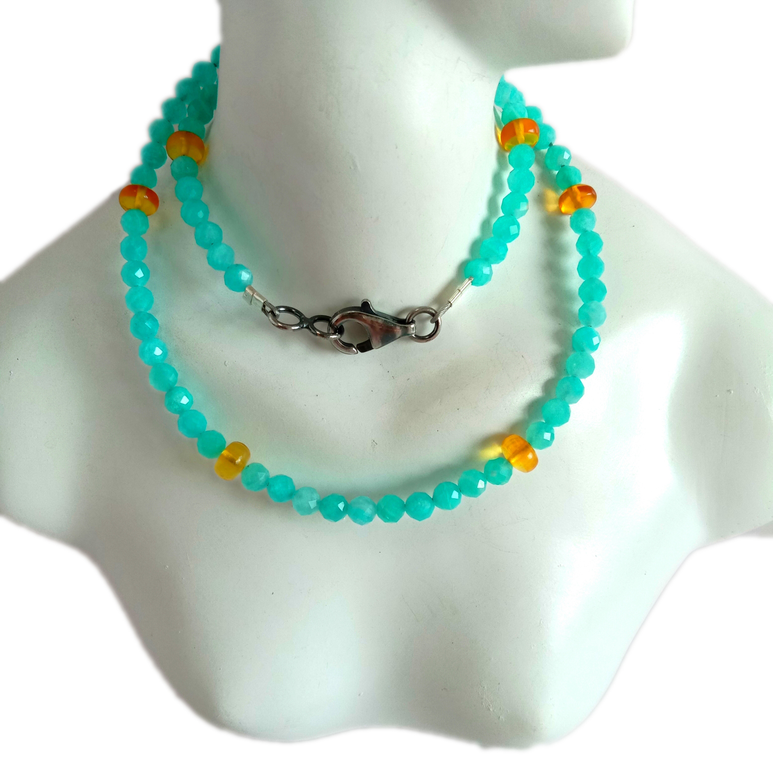 Ogrlica s dragim kamenjem od prirodnog jantara i amazonita od 925 srebra 14