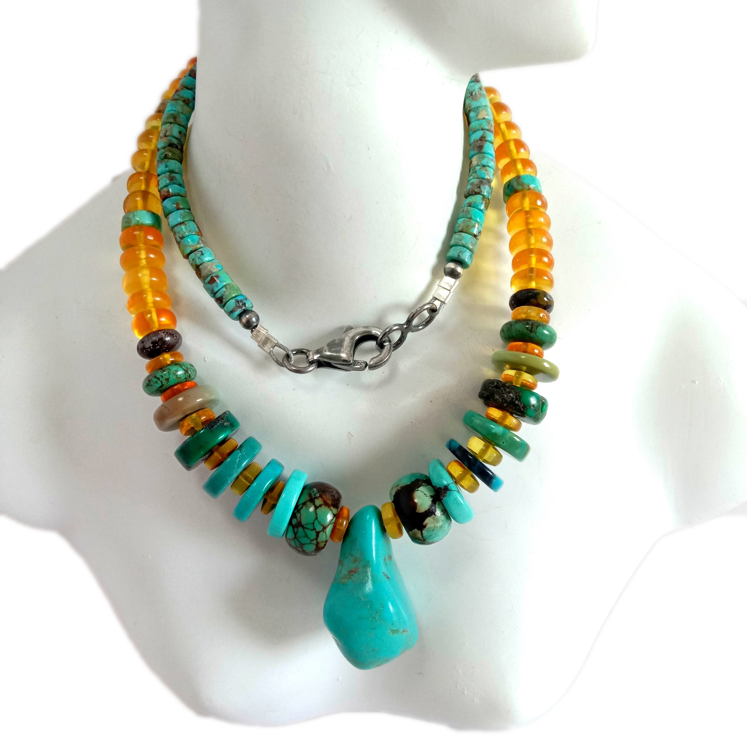 Ručno pletena ogrlica od 925 srebra od prirodnog tirkiza i jantara 15