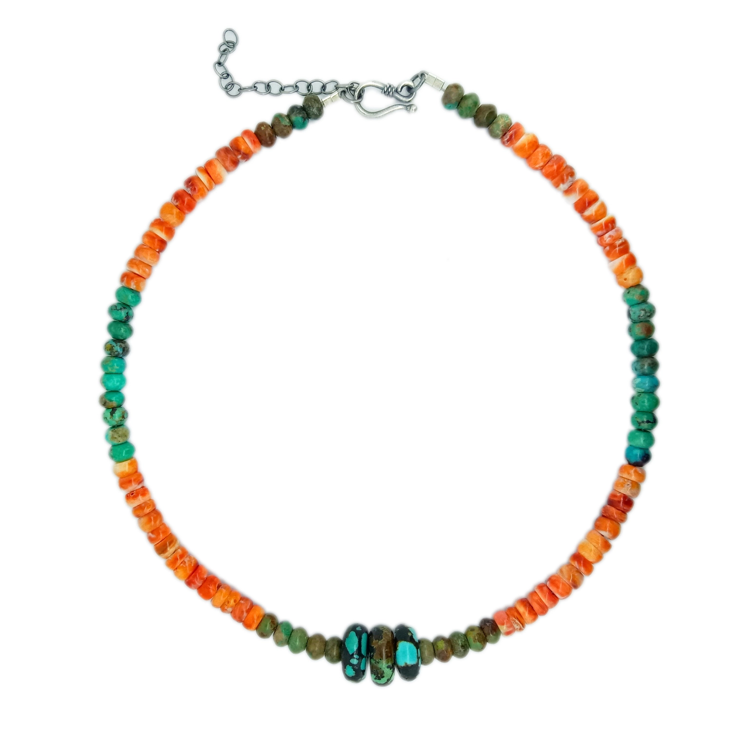 925 Sterling Silver Hand Braided Natural Turquoise and spiny beaded necklace 1