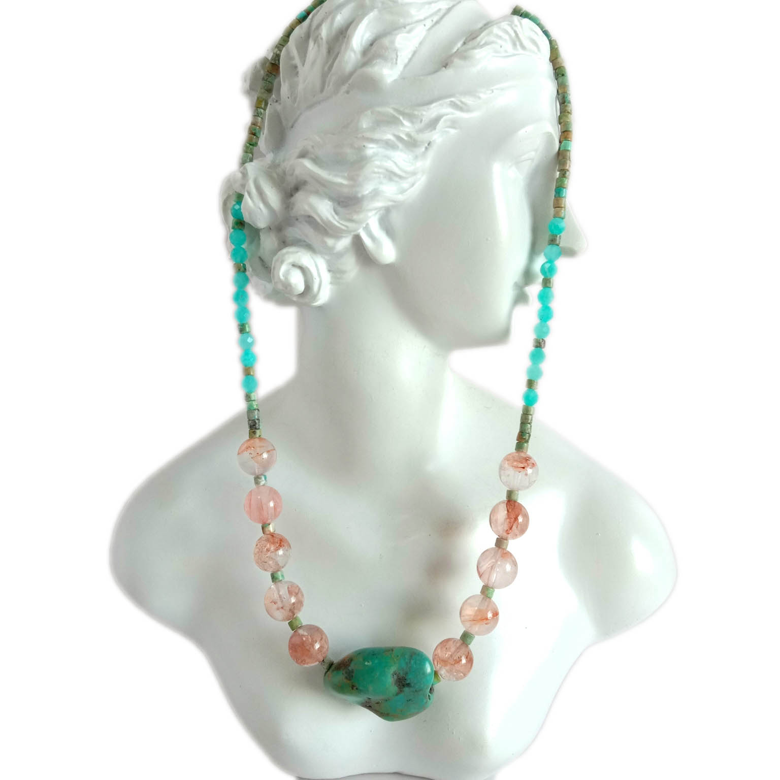 Natural Turquoise Amazonite  and red quartzite 925 Sterling Silver  Necklace 14