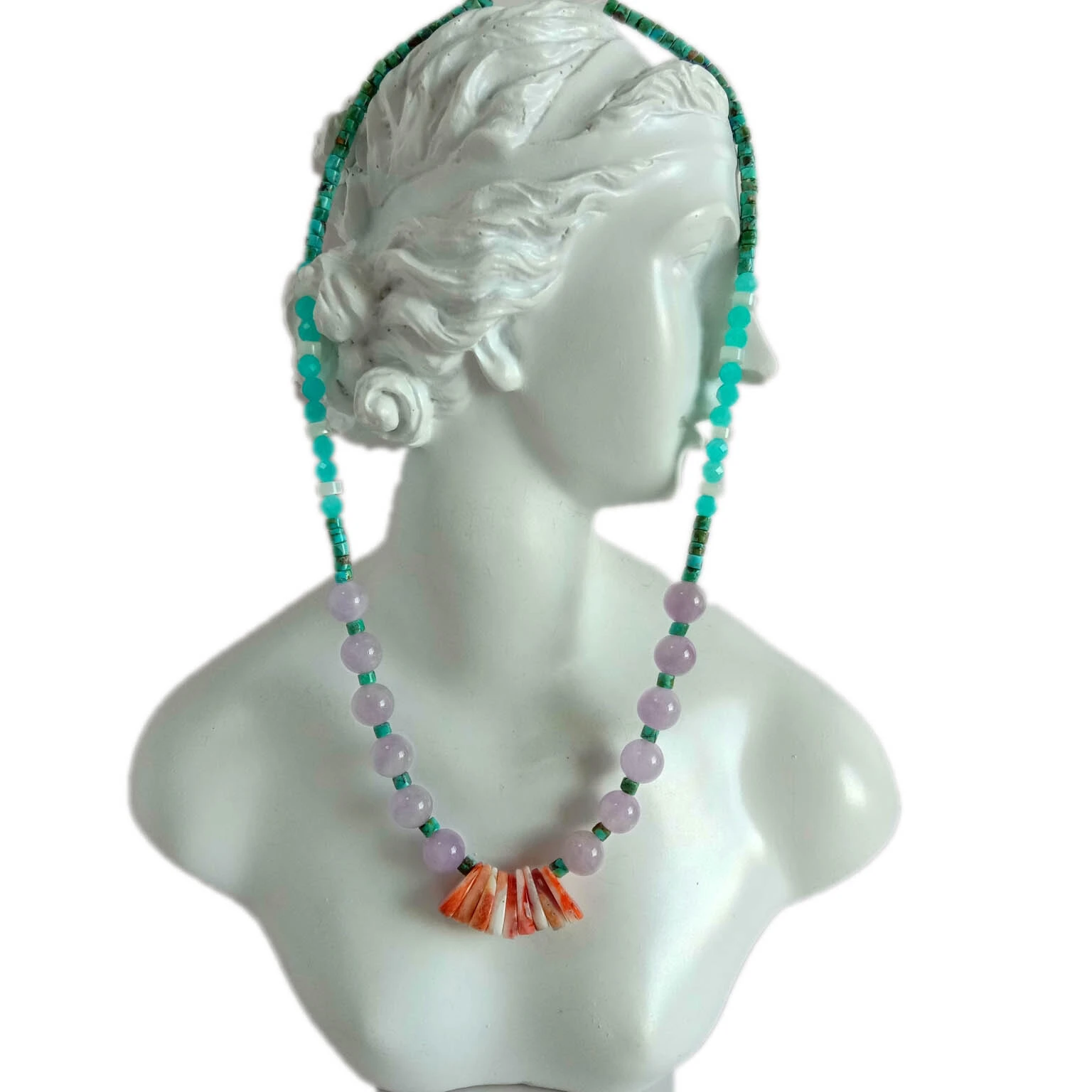 អំបោះធម្មជាតិ Turquoise Amazonite spiny oyster mop និង Lavender 925 Sterling Silver Necklace 1