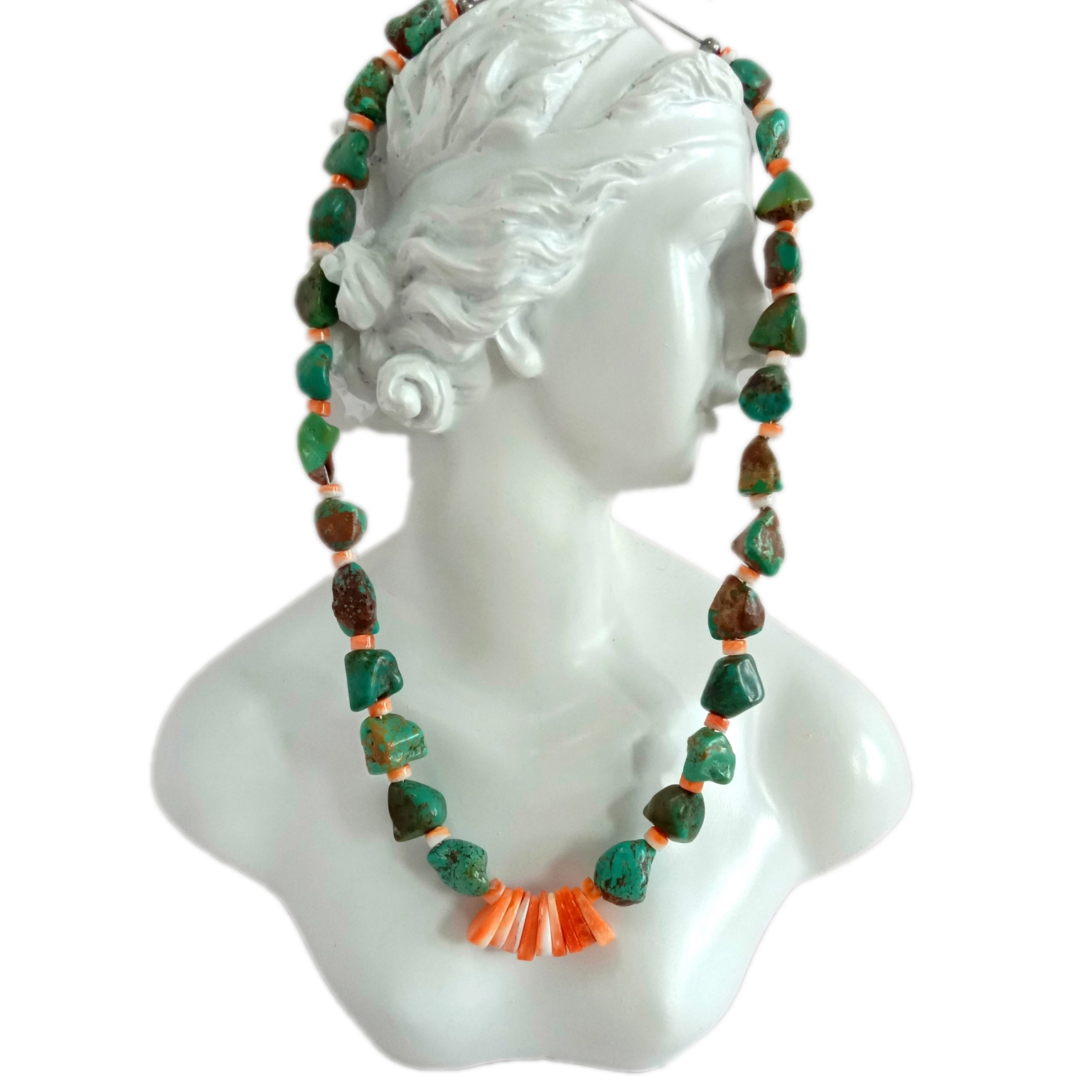 ថ្មធម្មជាតិ Turquoise និង Spiny Oyster Beads 925 Sterling Silver 16inches Necklace 1