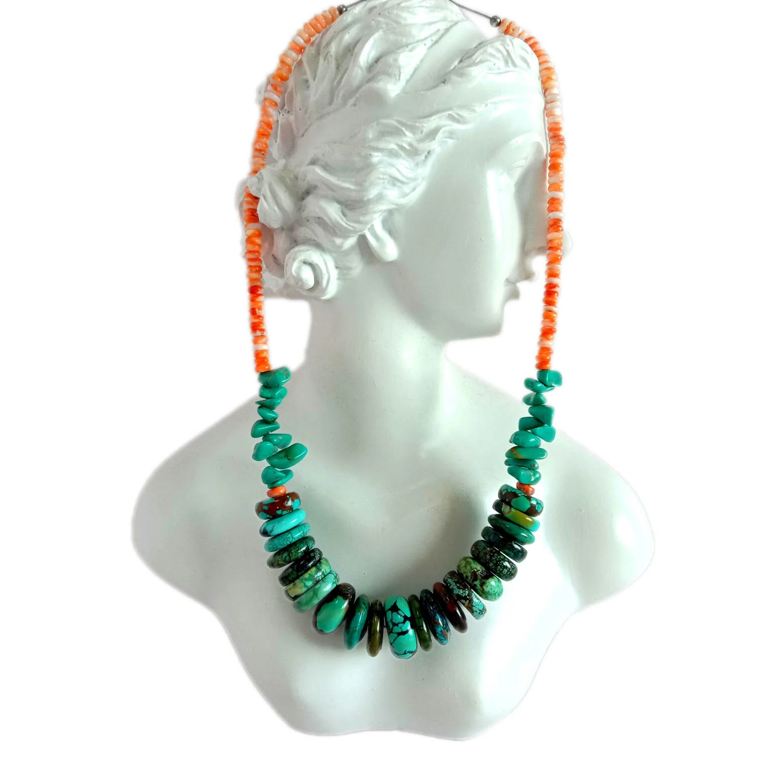 ថ្មធម្មជាតិ Turquoise និង 4mm Orange Spiny Oyster 925 Sterling Necklace 1