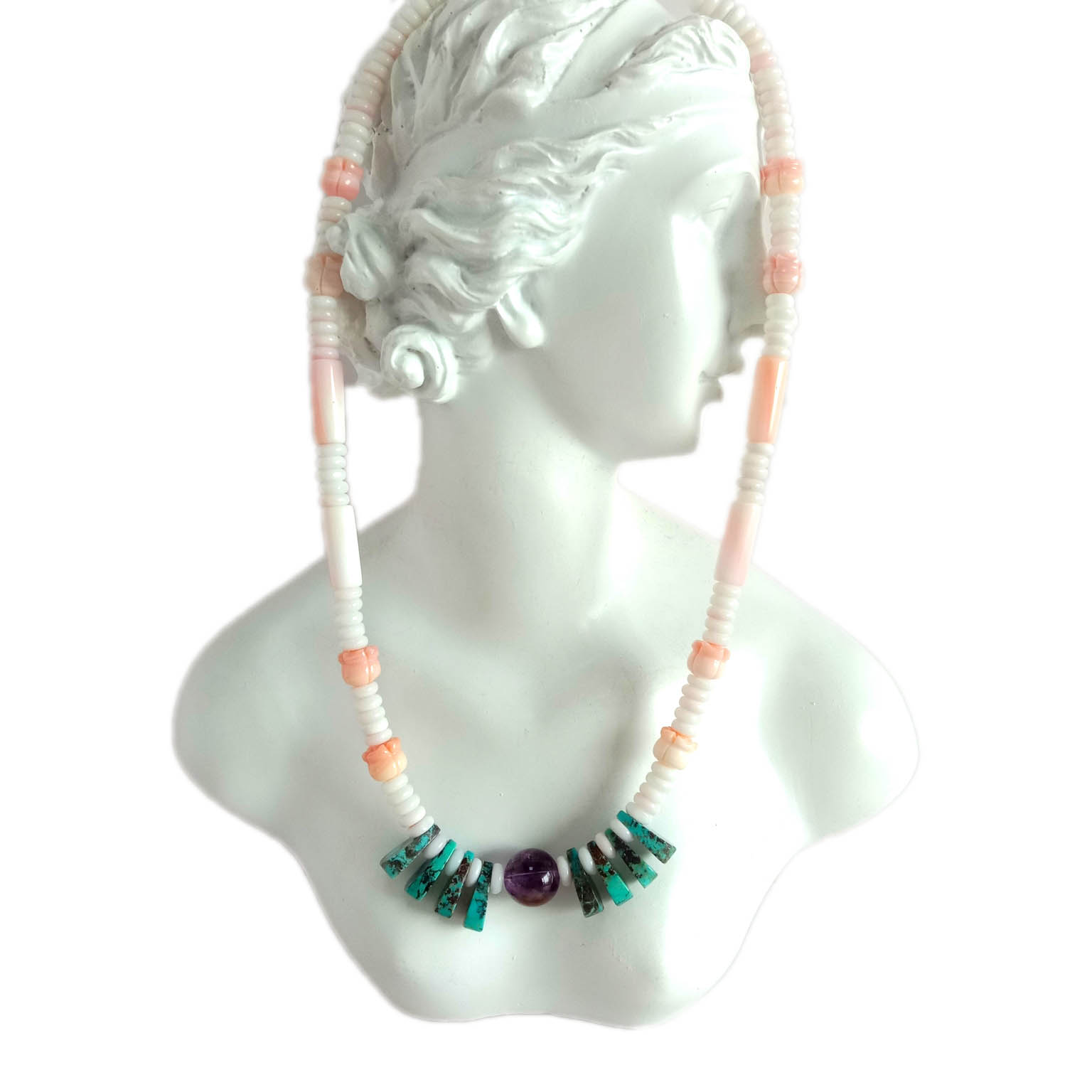 Natural Turquoise pink sea shelly and Ghost phantom quartz  925 Sterling Silver Necklace 14